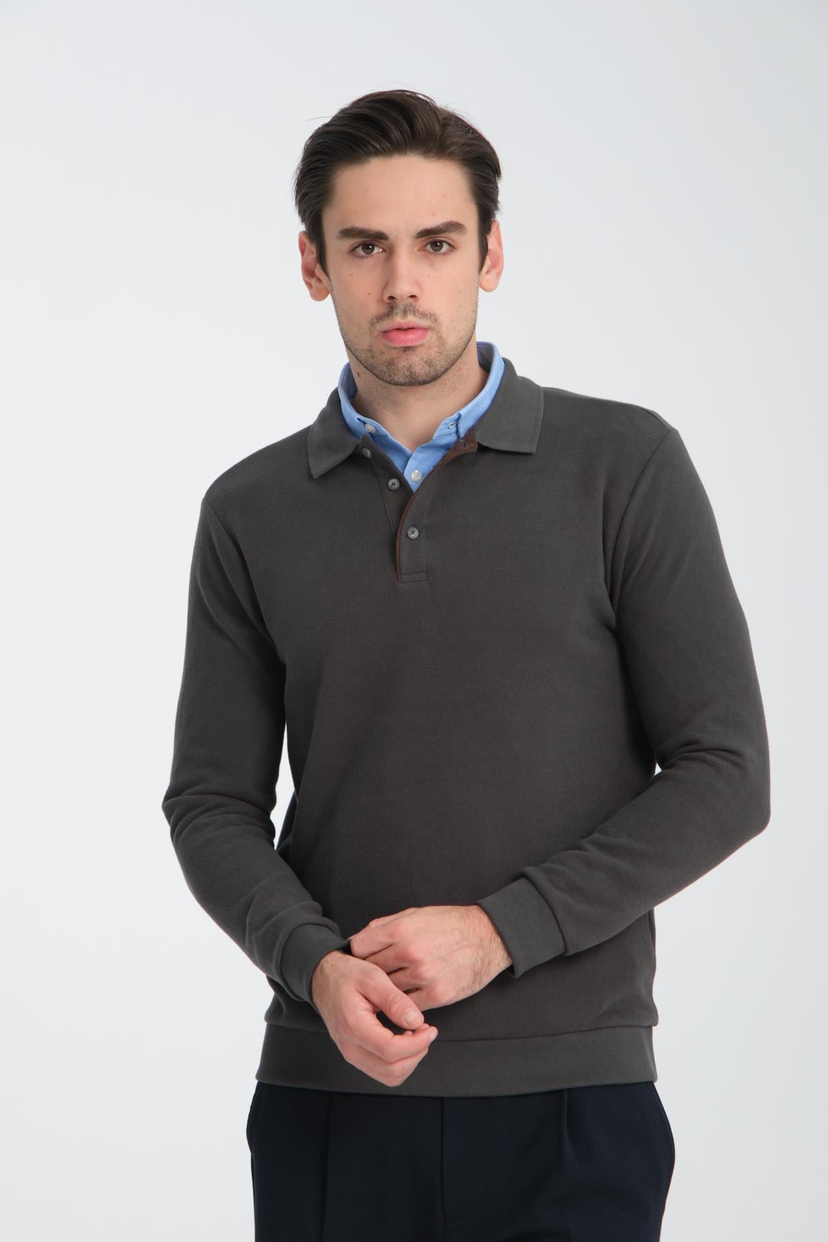 Erkek Kışlık Regular Fit Polo Yaka Basic Sweatshirt