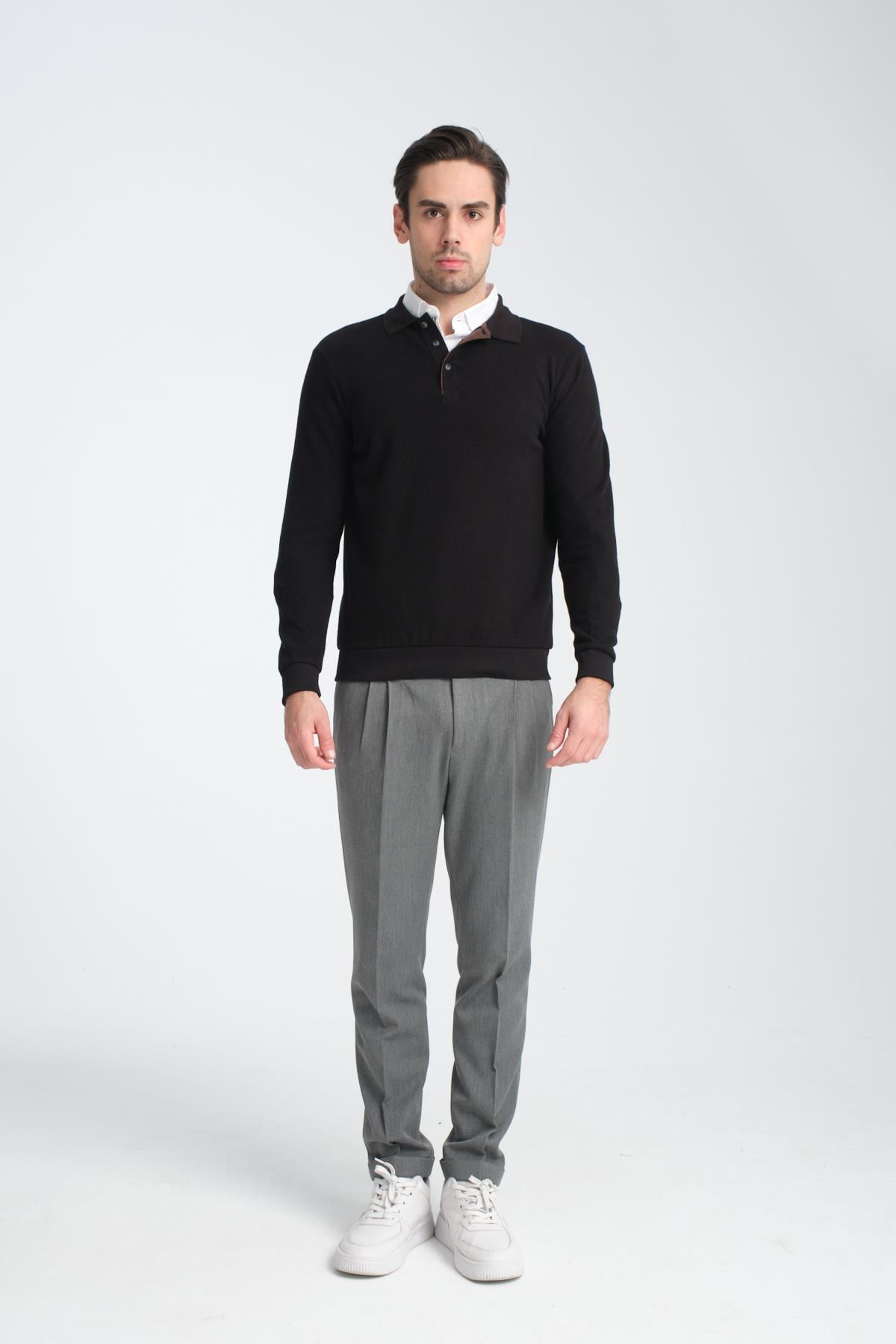 Erkek Kışlık Regular Fit Polo Yaka Basic Sweatshirt
