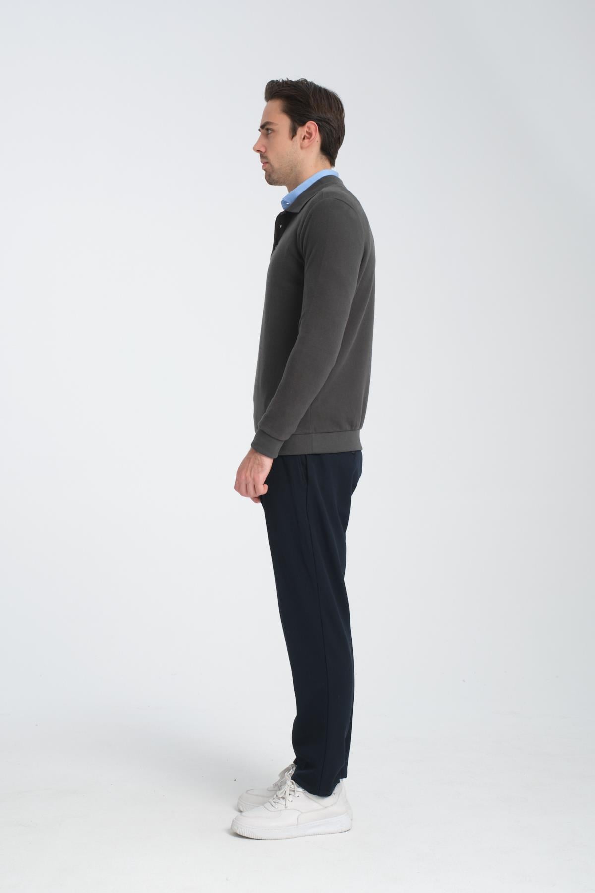 Erkek Kışlık Regular Fit Polo Yaka Basic Sweatshirt