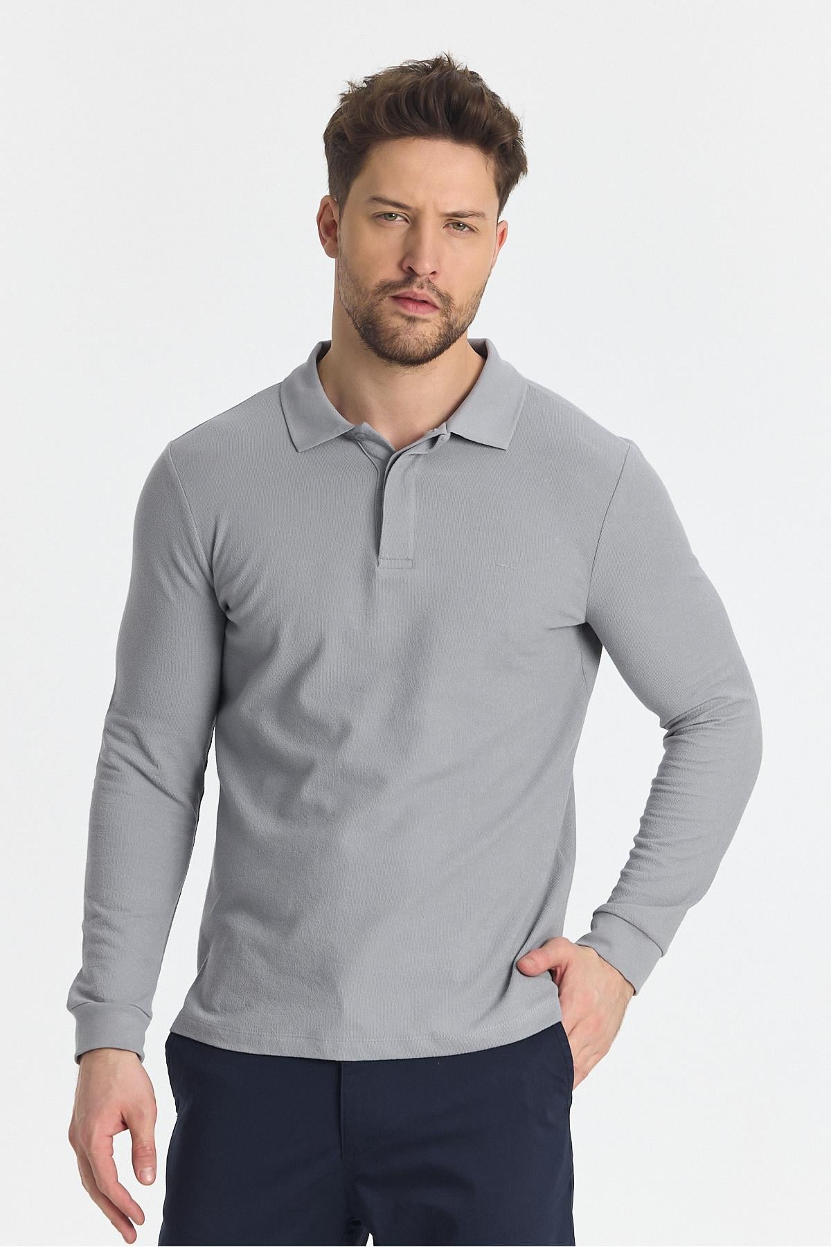 Erkek Regular Fit Polo Yaka Basic Sweatshirt Damla Örğülü