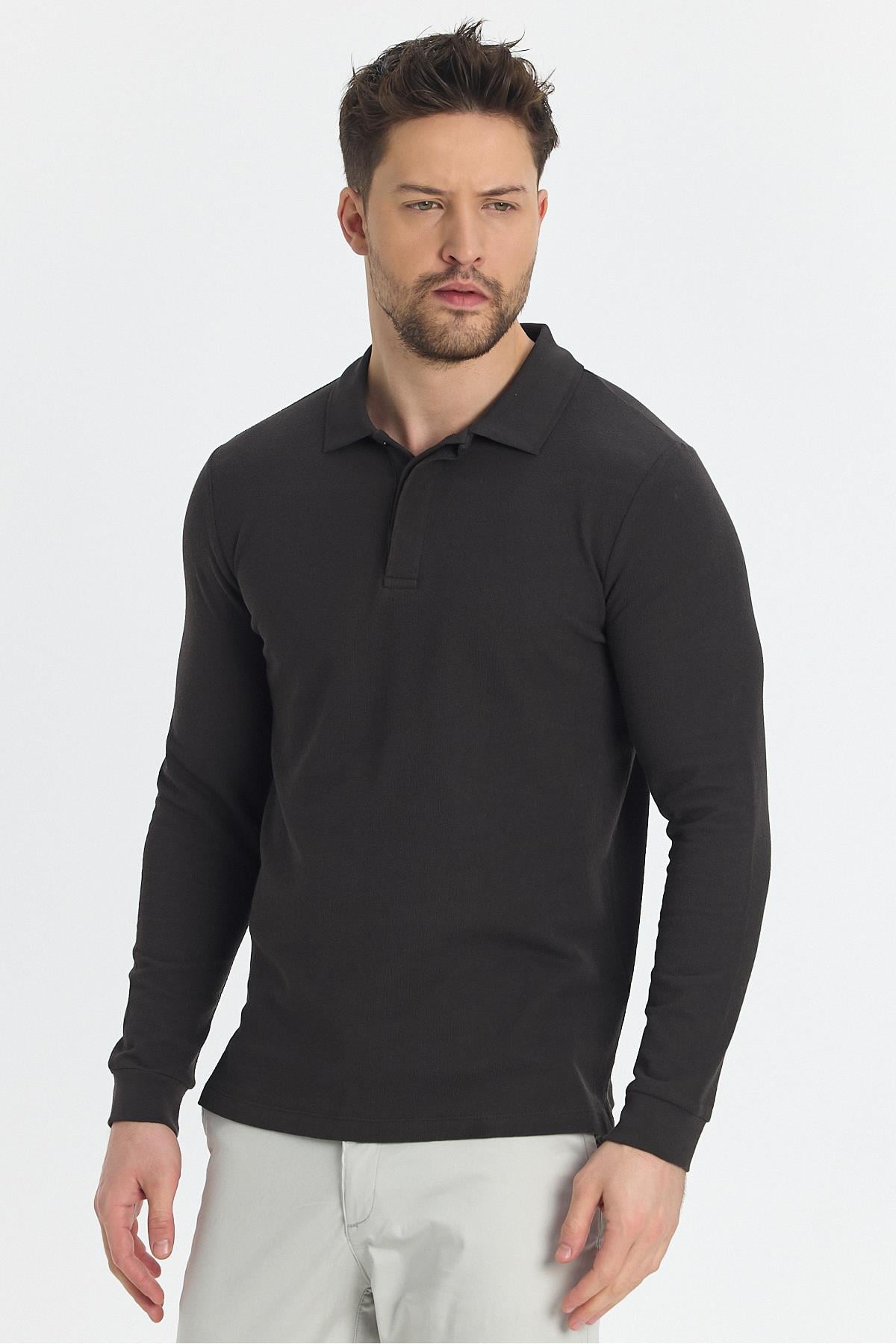 Erkek Regular Fit Polo Yaka Basic Sweatshirt Damla Örğülü
