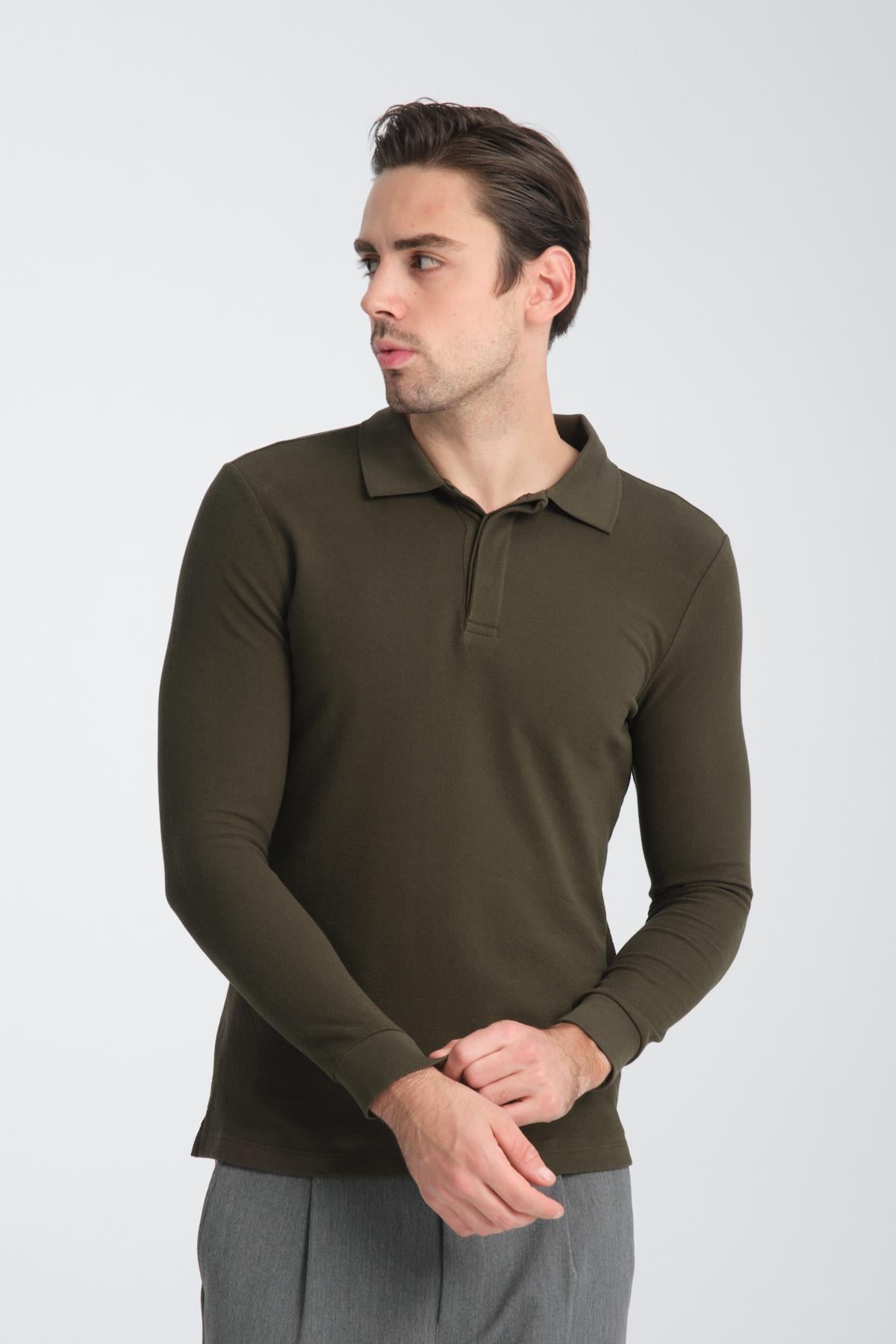 Erkek Regular Fit Polo Yaka Basic Sweatshirt Damla Örğülü