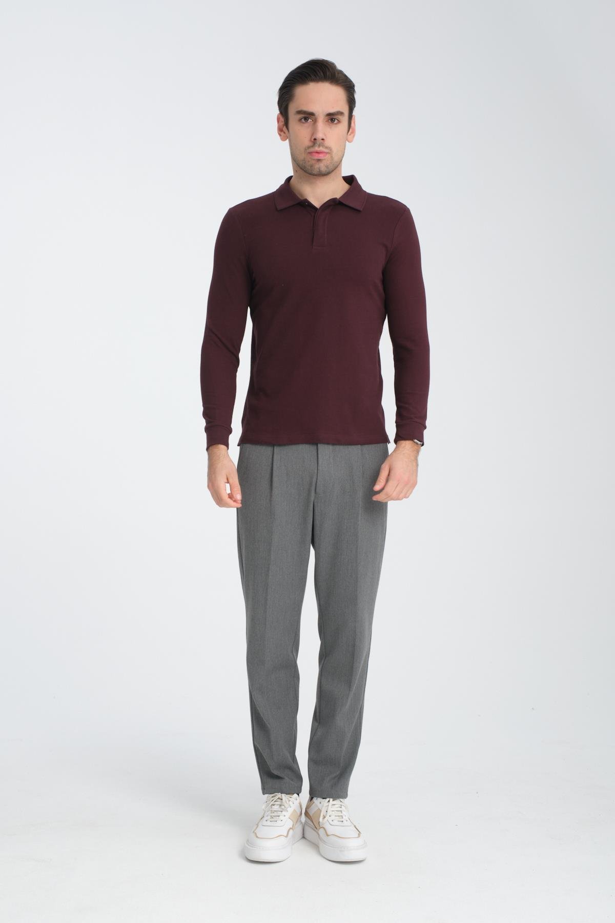 Erkek Regular Fit Polo Yaka Basic Sweatshirt Damla Örğülü