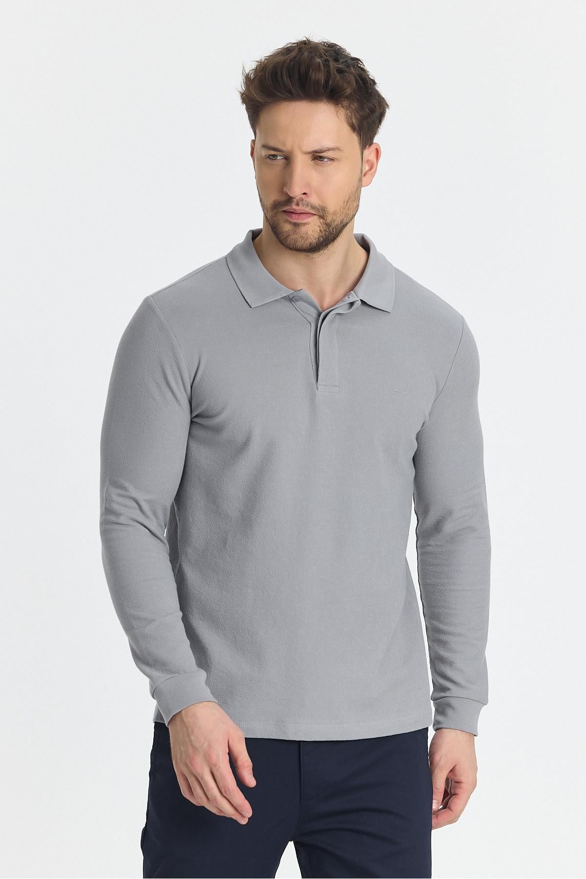 Erkek Regular Fit Polo Yaka Basic Sweatshirt Damla Örğülü