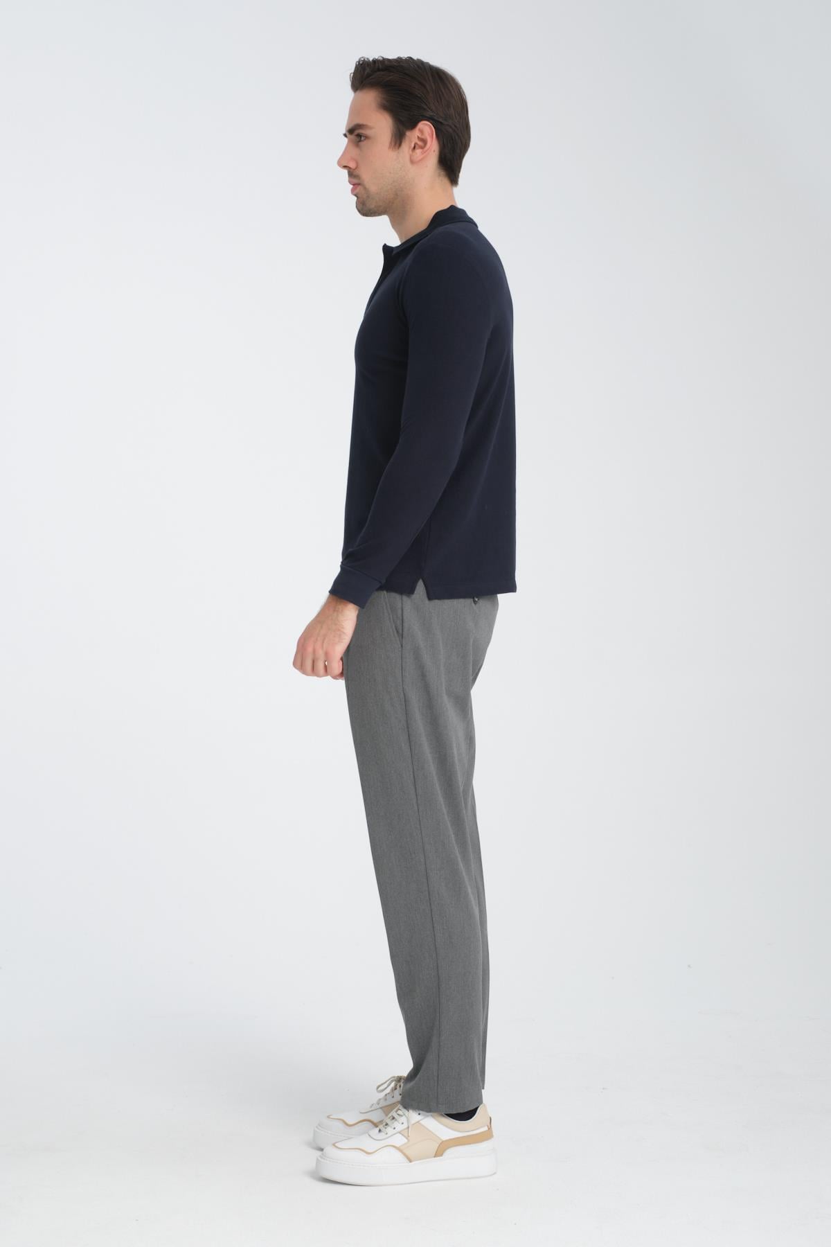 Erkek Regular Fit Polo Yaka Basic Sweatshirt Damla Örğülü