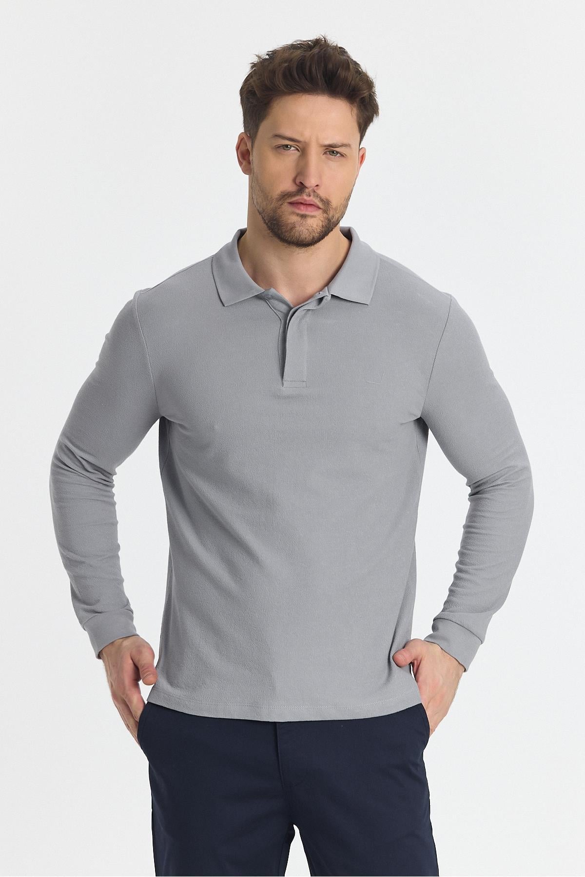 Erkek Regular Fit Polo Yaka Basic Sweatshirt Damla Örğülü
