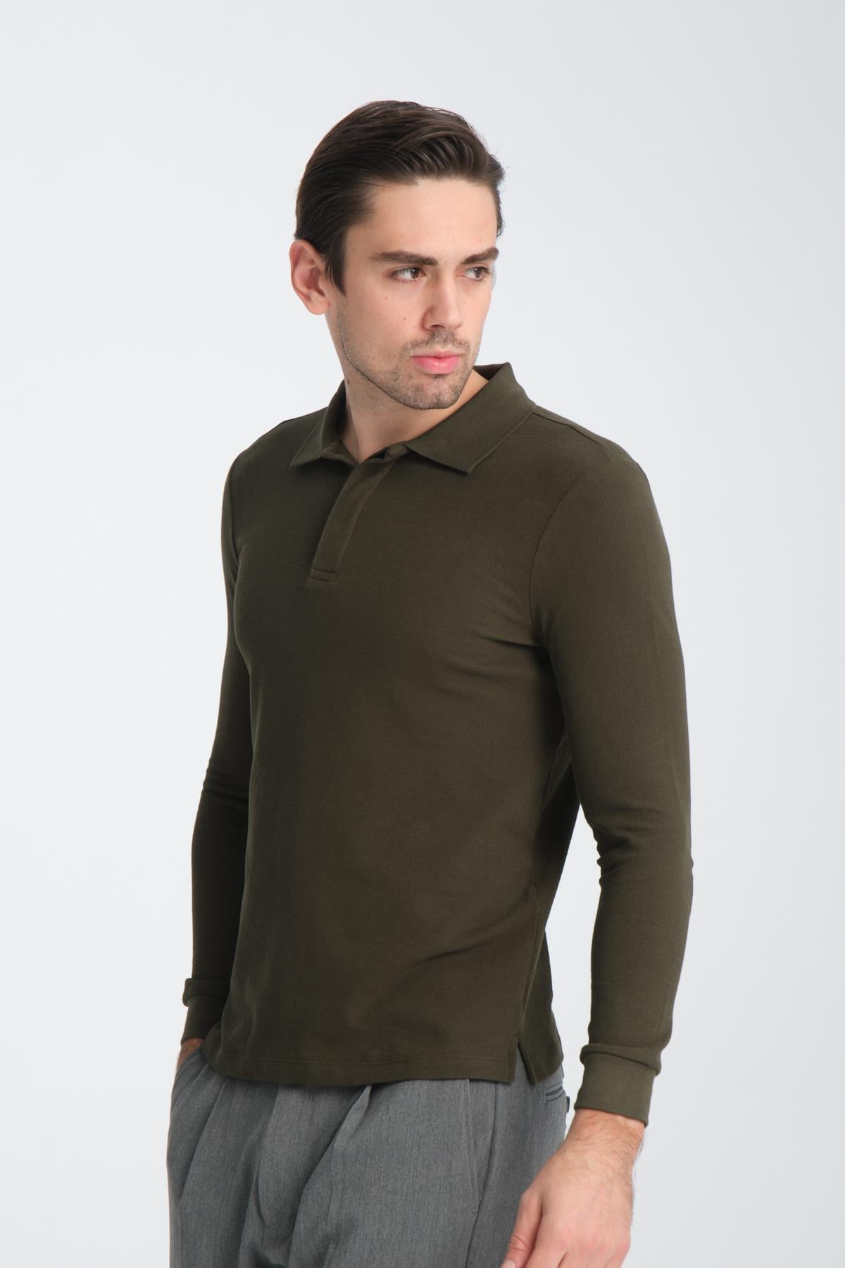 Erkek Regular Fit Polo Yaka Basic Sweatshirt Damla Örğülü