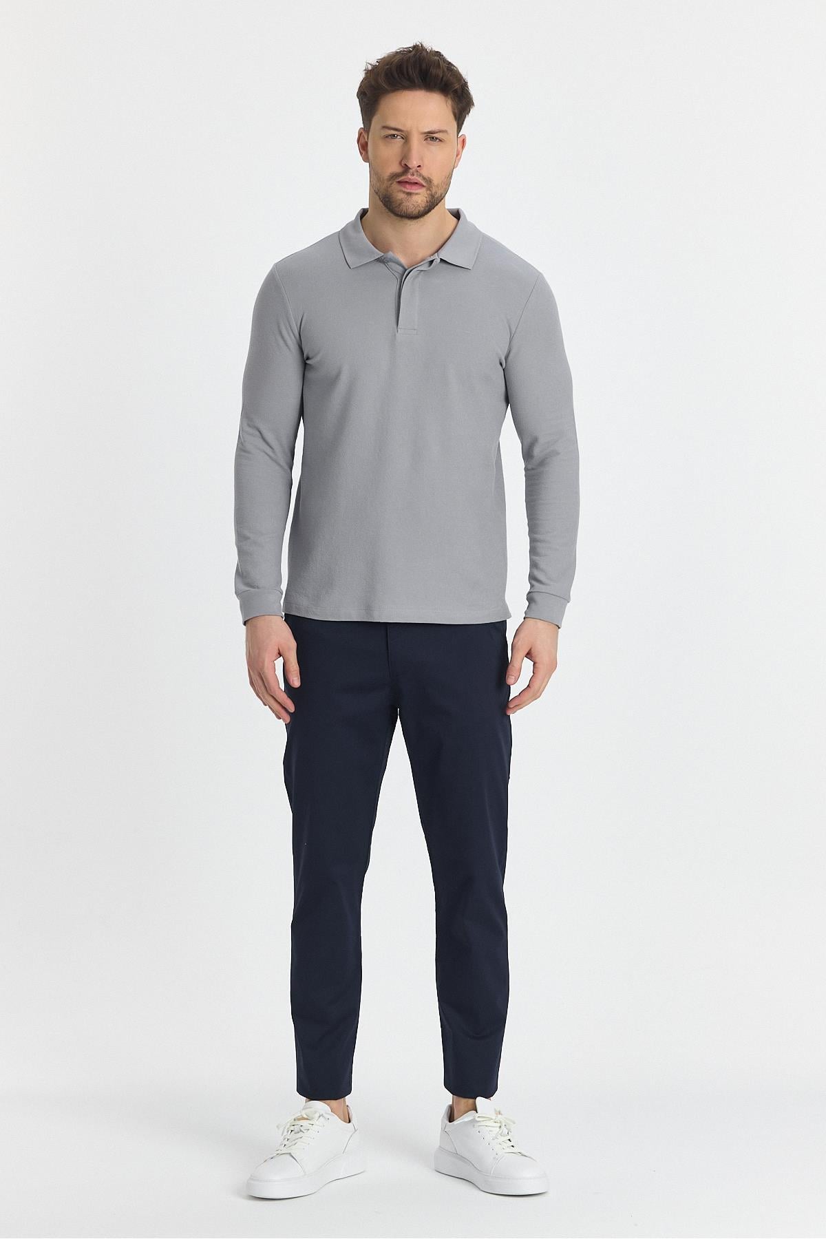 Erkek Regular Fit Polo Yaka Basic Sweatshirt Damla Örğülü