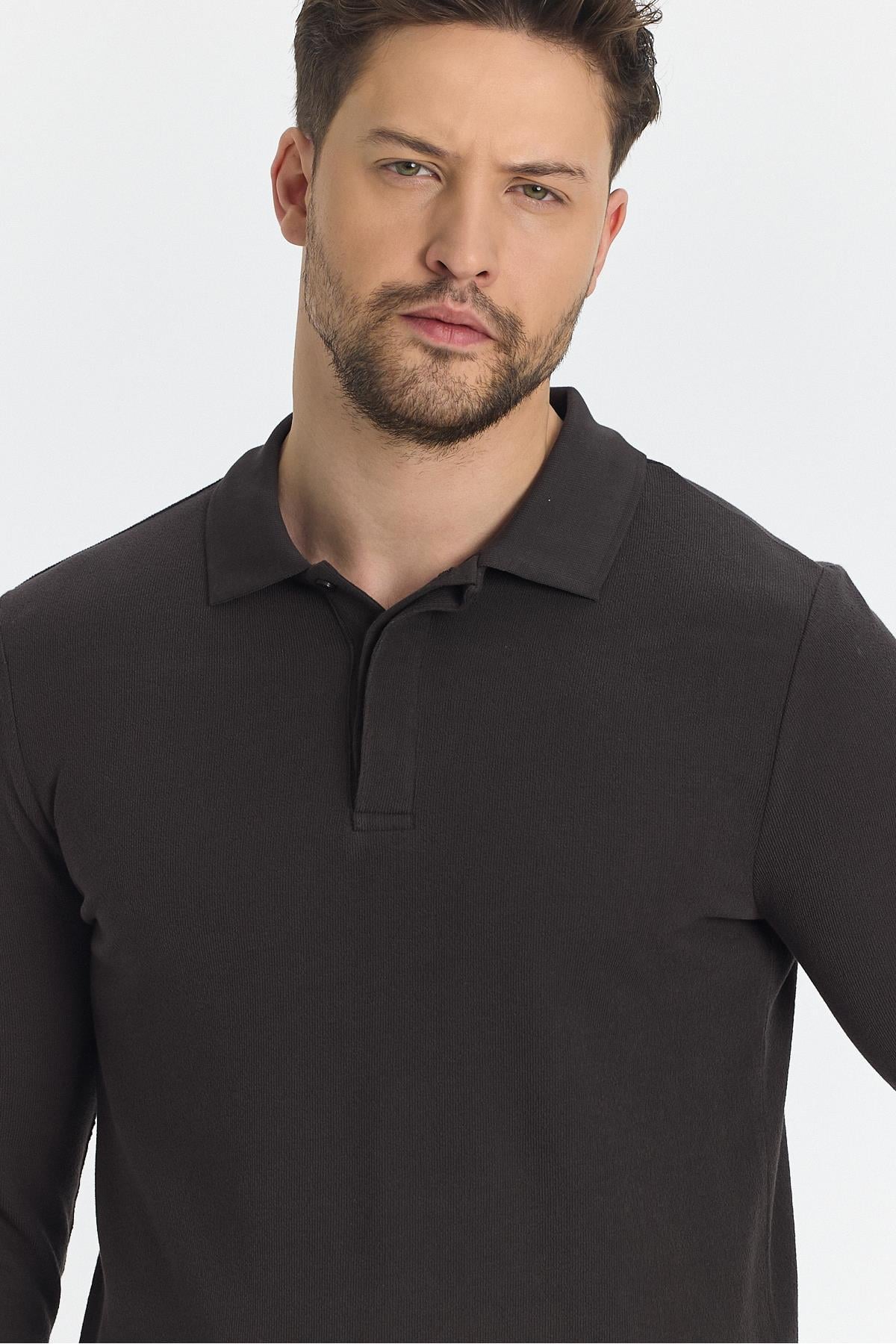 Erkek Regular Fit Polo Yaka Basic Sweatshirt Damla Örğülü