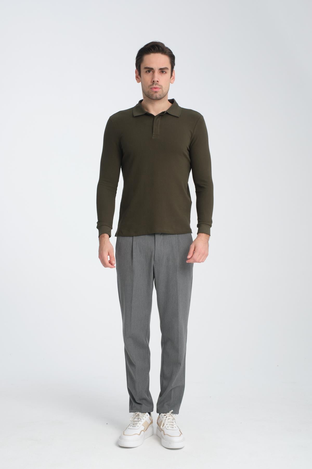 Erkek Regular Fit Polo Yaka Basic Sweatshirt Damla Örğülü