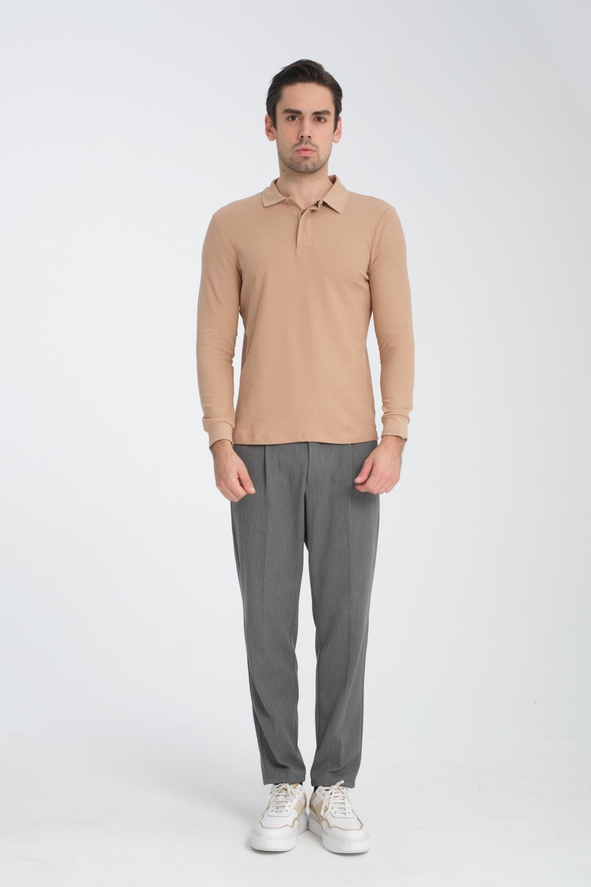 Erkek Regular Fit Polo Yaka Basic Sweatshirt Damla Örğülü