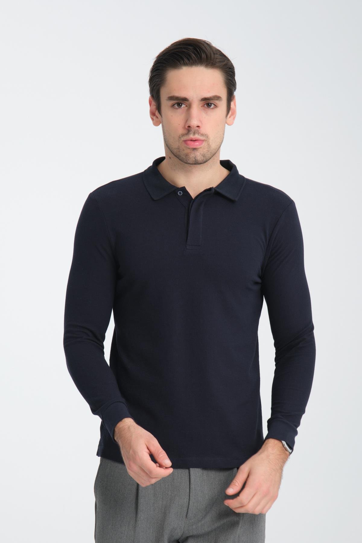 Erkek Regular Fit Polo Yaka Basic Sweatshirt Damla Örğülü