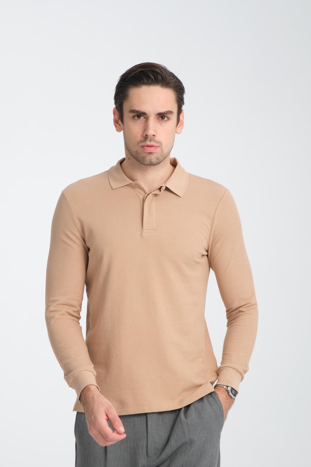 Erkek Regular Fit Polo Yaka Basic Sweatshirt Damla Örğülü