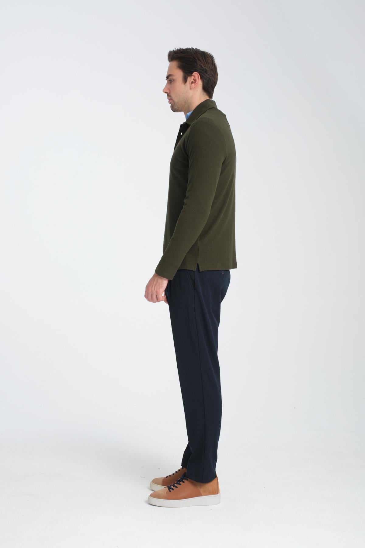 Erkek Regular Fit Polo Yaka Sweatshirt Waffle Desenli Kıvrılmaz Yaka