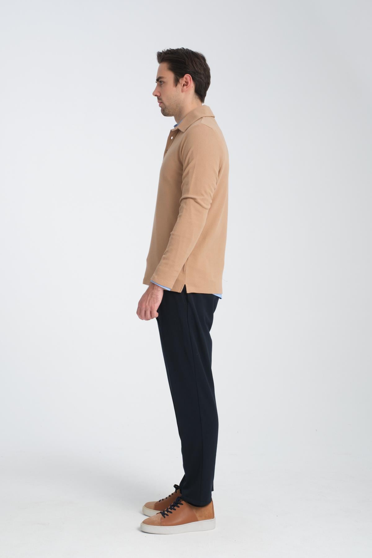 Erkek Regular Fit Polo Yaka Sweatshirt Waffle Desenli Kıvrılmaz Yaka