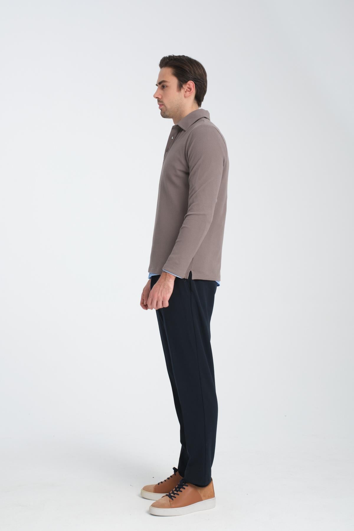 Erkek Regular Fit Polo Yaka Sweatshirt Waffle Desenli Kıvrılmaz Yaka