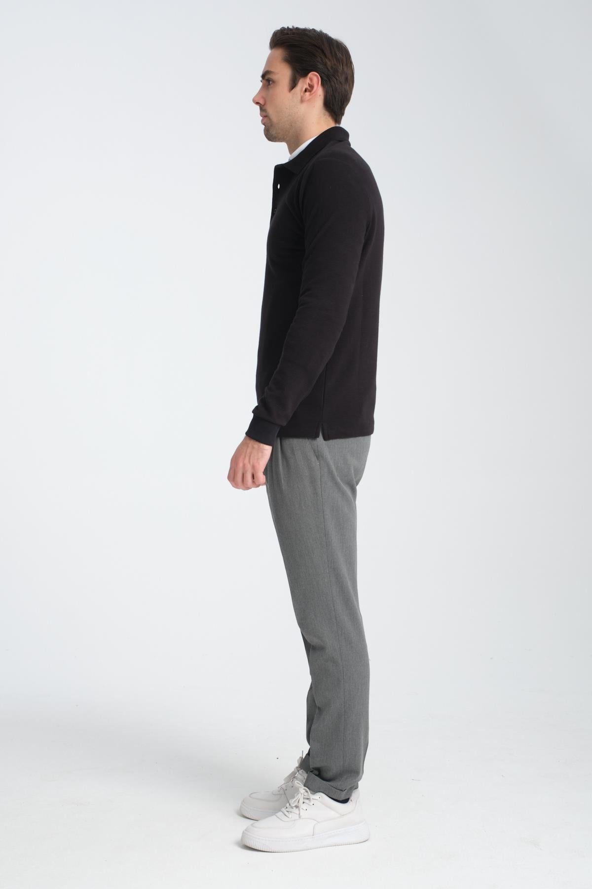 Erkek Regular Fit Polo Yaka Sweatshirt Waffle Desenli Kıvrılmaz Yaka