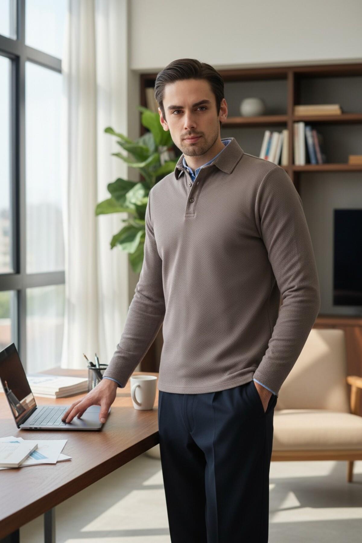 Erkek Regular Fit Polo Yaka Sweatshirt Waffle Desenli Kıvrılmaz Yaka
