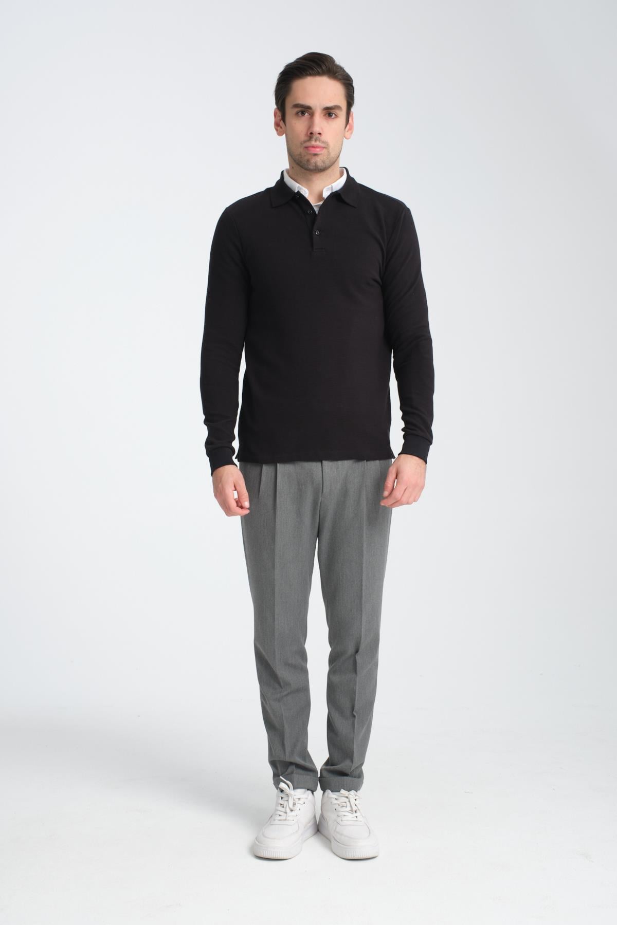 Erkek Regular Fit Polo Yaka Sweatshirt Waffle Desenli Kıvrılmaz Yaka