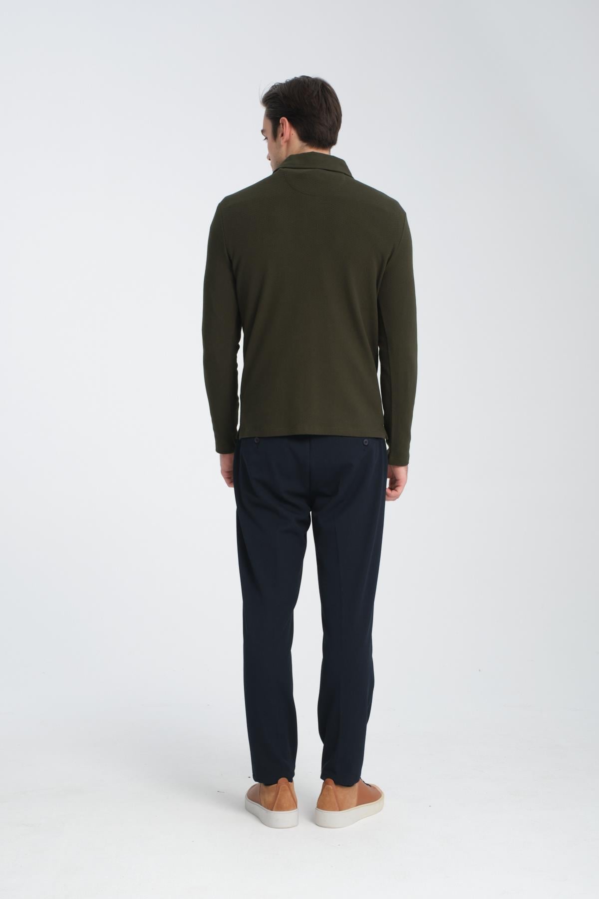 Erkek Regular Fit Polo Yaka Sweatshirt Waffle Desenli Kıvrılmaz Yaka
