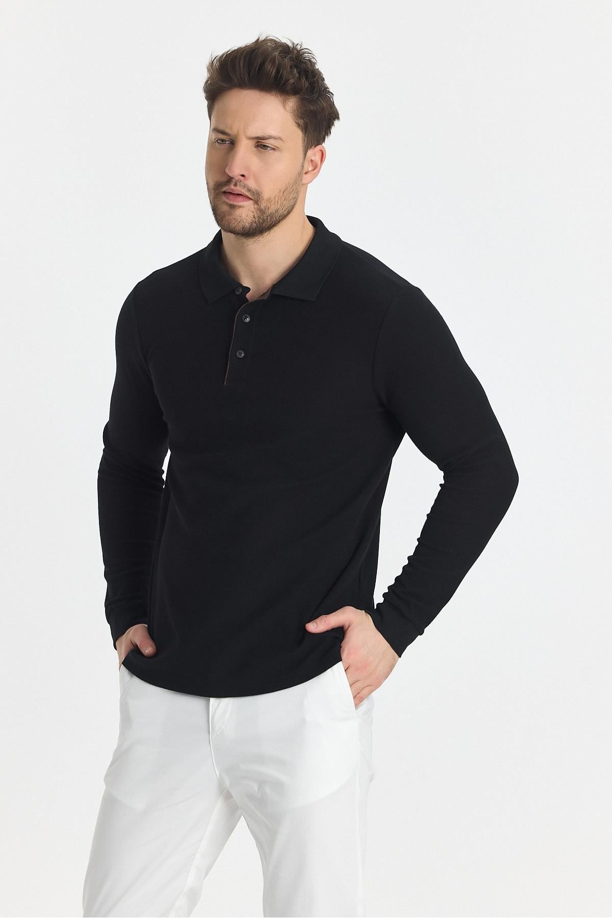 Erkek Regular Fit Polo Yaka Sweatshirt Waffle Desenli