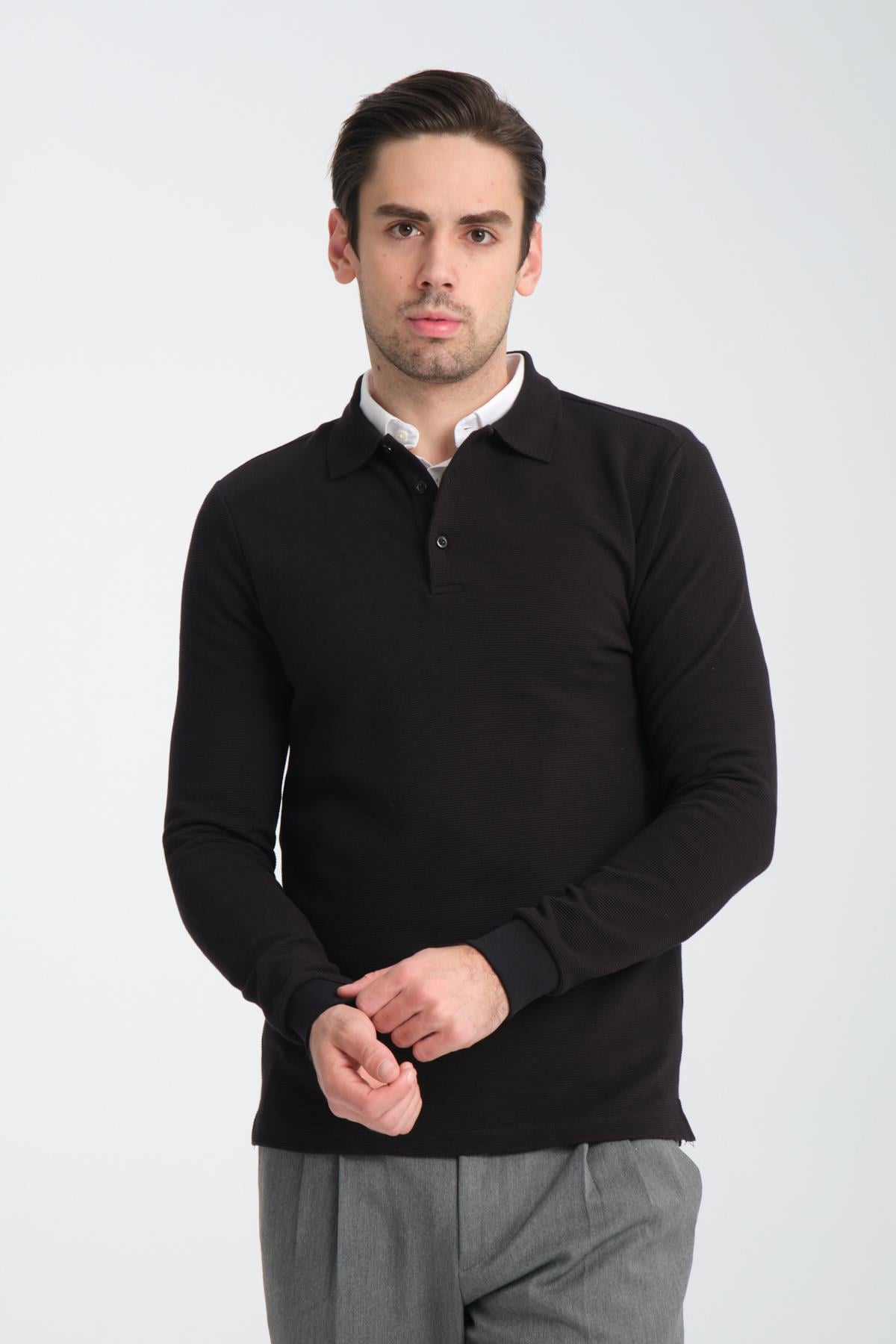 Erkek Regular Fit Polo Yaka Sweatshirt Waffle Desenli Kıvrılmaz Yaka