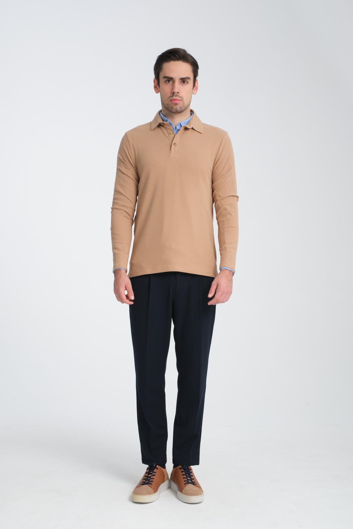Erkek Regular Fit Polo Yaka Sweatshirt Waffle Desenli Kıvrılmaz Yaka