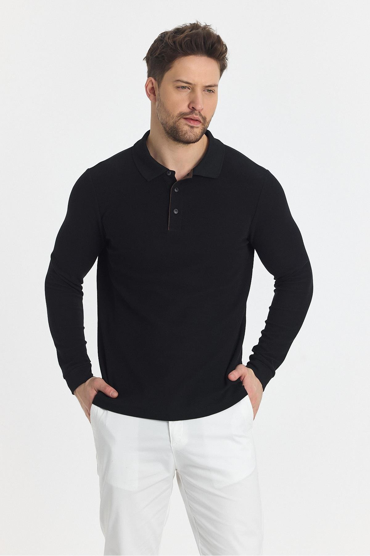 Erkek Regular Fit Polo Yaka Sweatshirt Waffle Desenli