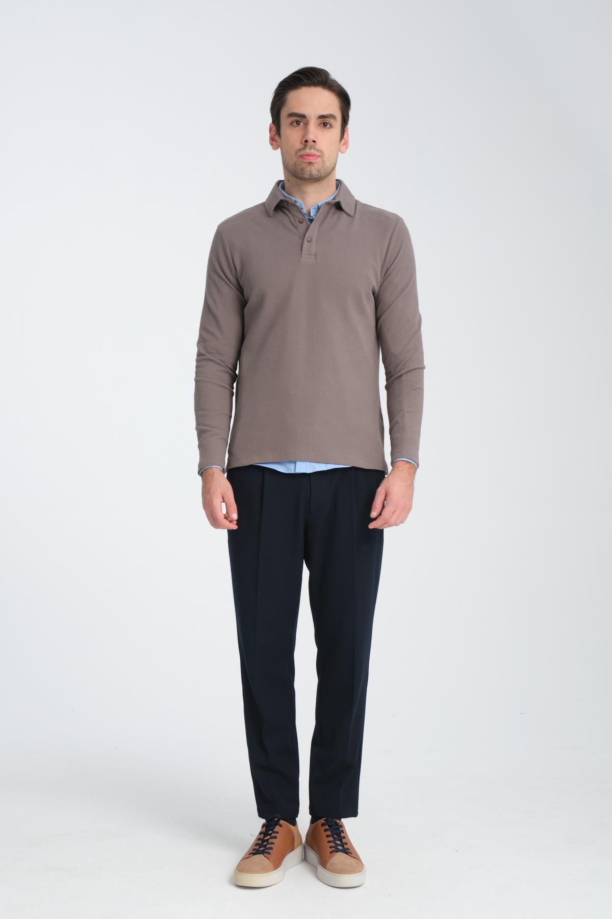 Erkek Regular Fit Polo Yaka Sweatshirt Waffle Desenli Kıvrılmaz Yaka