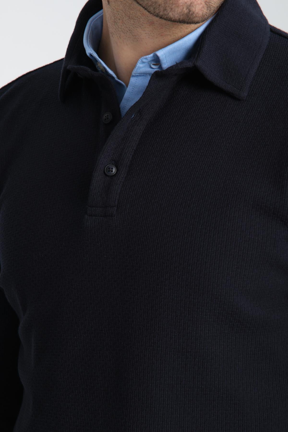 Erkek Regular Fit Polo Yaka Sweatshirt Waffle Desenli Kıvrılmaz Yaka