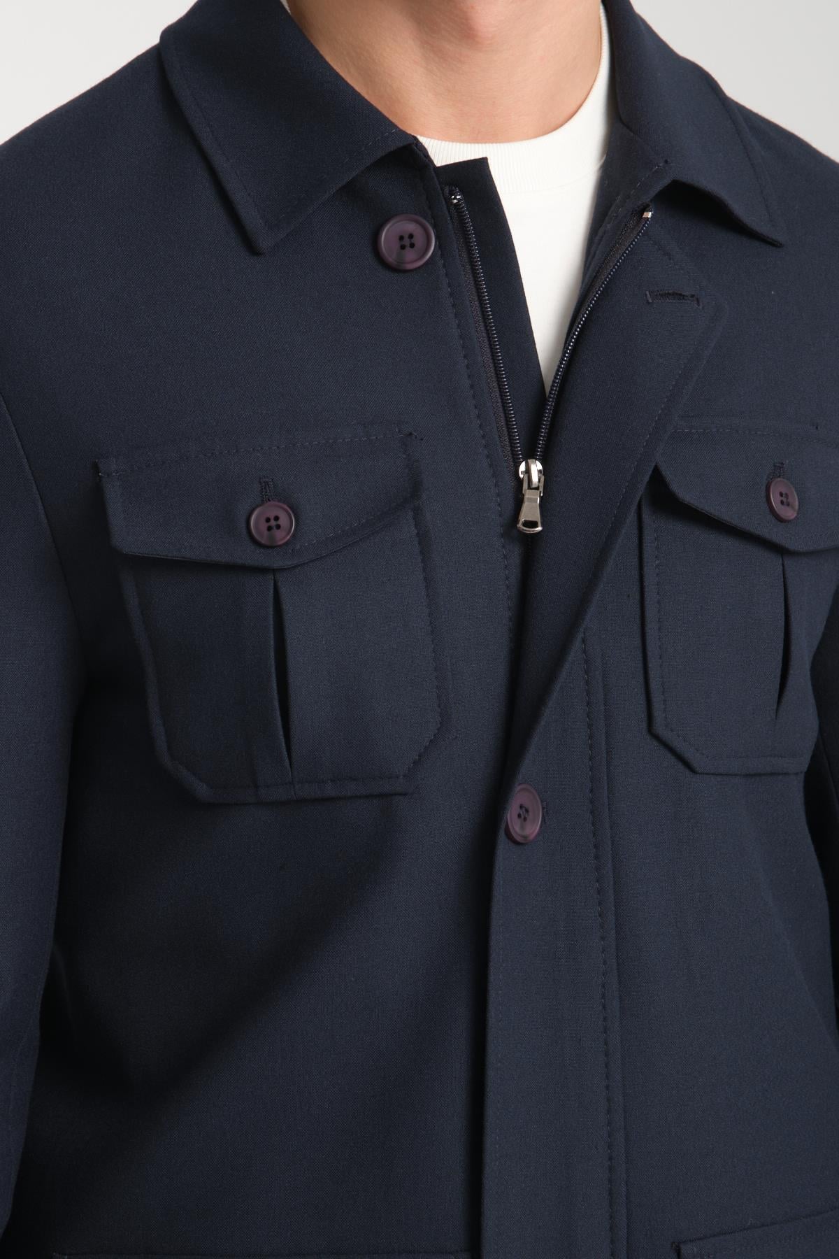 Erkek Slim Fit Kumaş Trençkot Mont Fermuarlı-Düğmeli