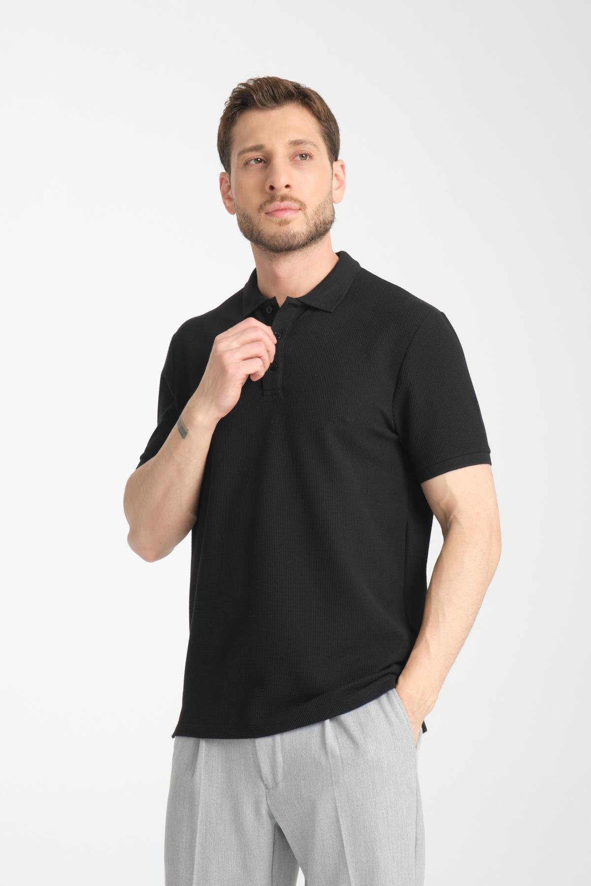 Esnek Örme Düğmeli Polo Yaka Erkek Classic Fit Polo Yaka T-Shirt 100% Pamuk
