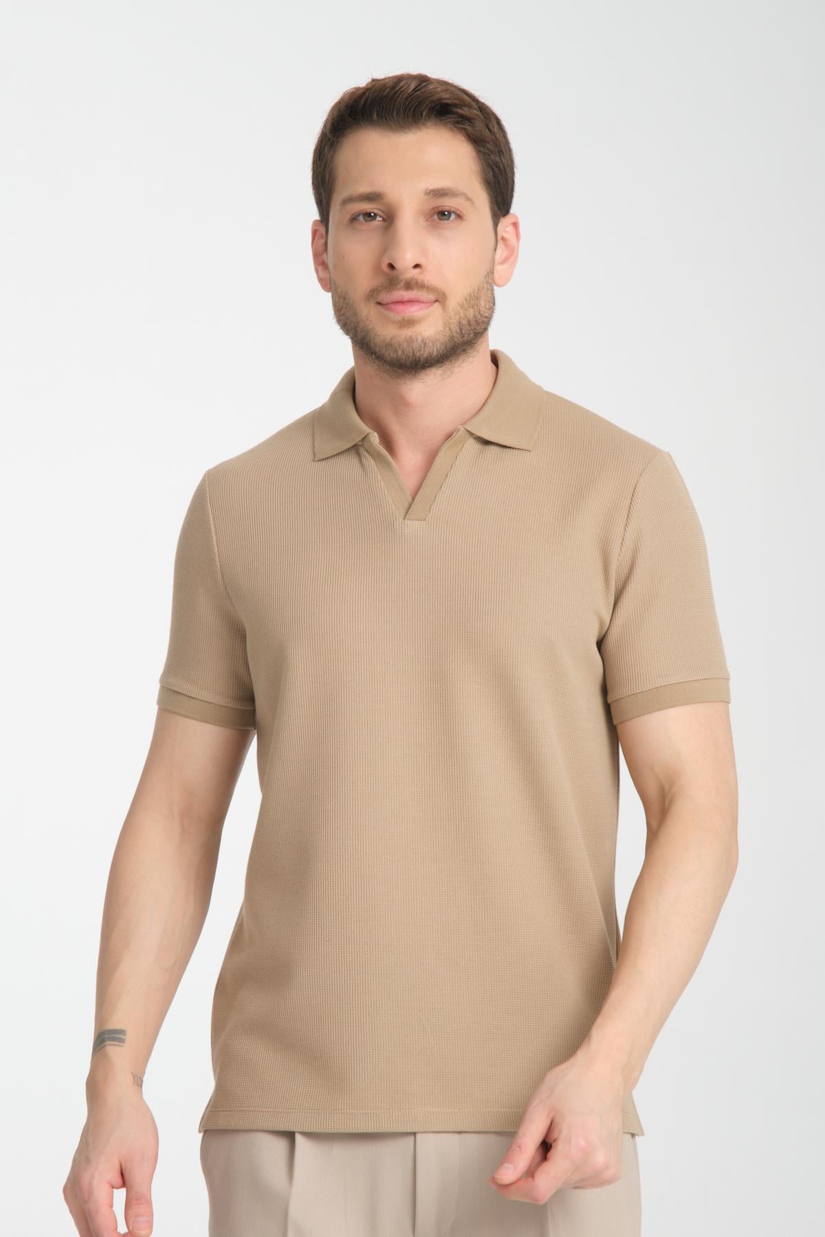 Esnek Waffle Polo Yaka Erkek Comfort Fit Polo Yaka T-Shirt 100% Pamuk