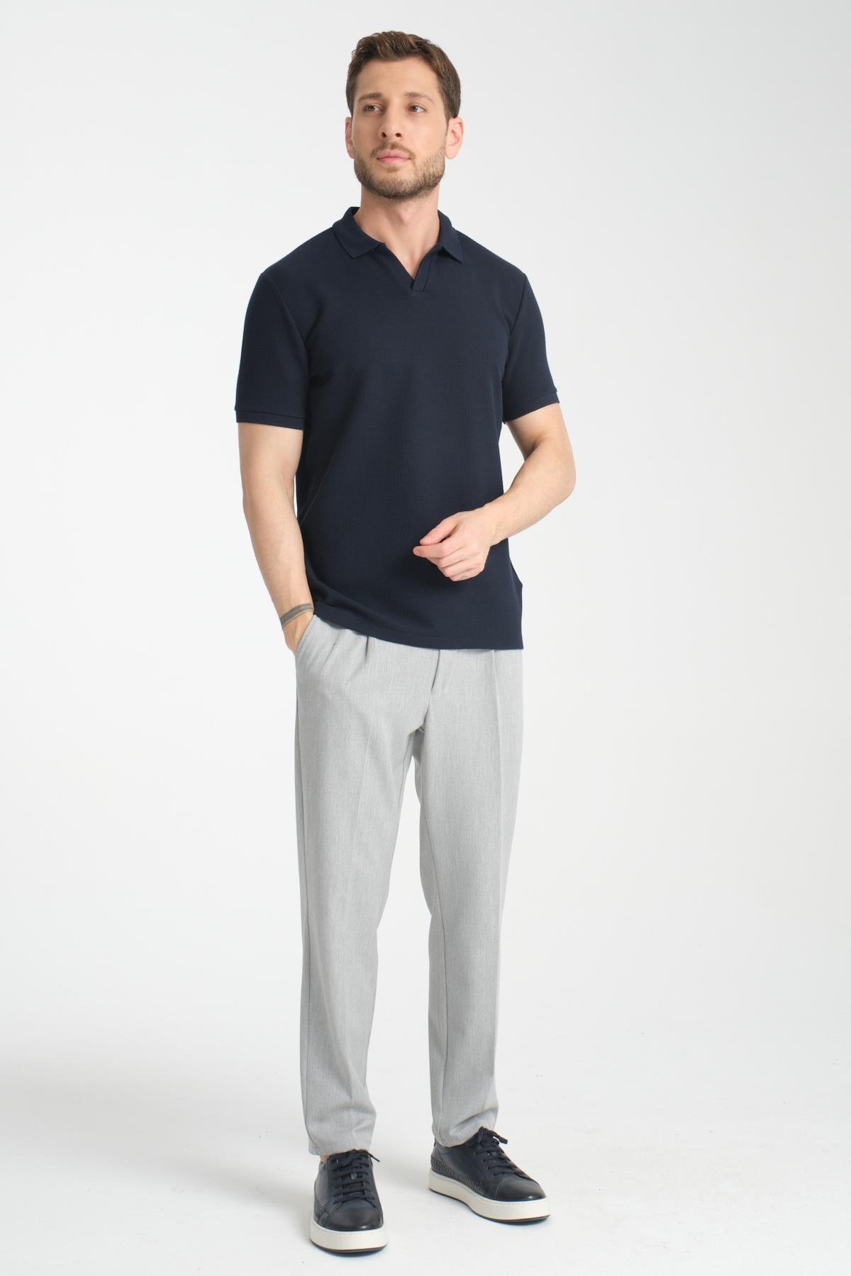 Esnek Waffle Polo Yaka Erkek Comfort Fit Polo Yaka T-Shirt