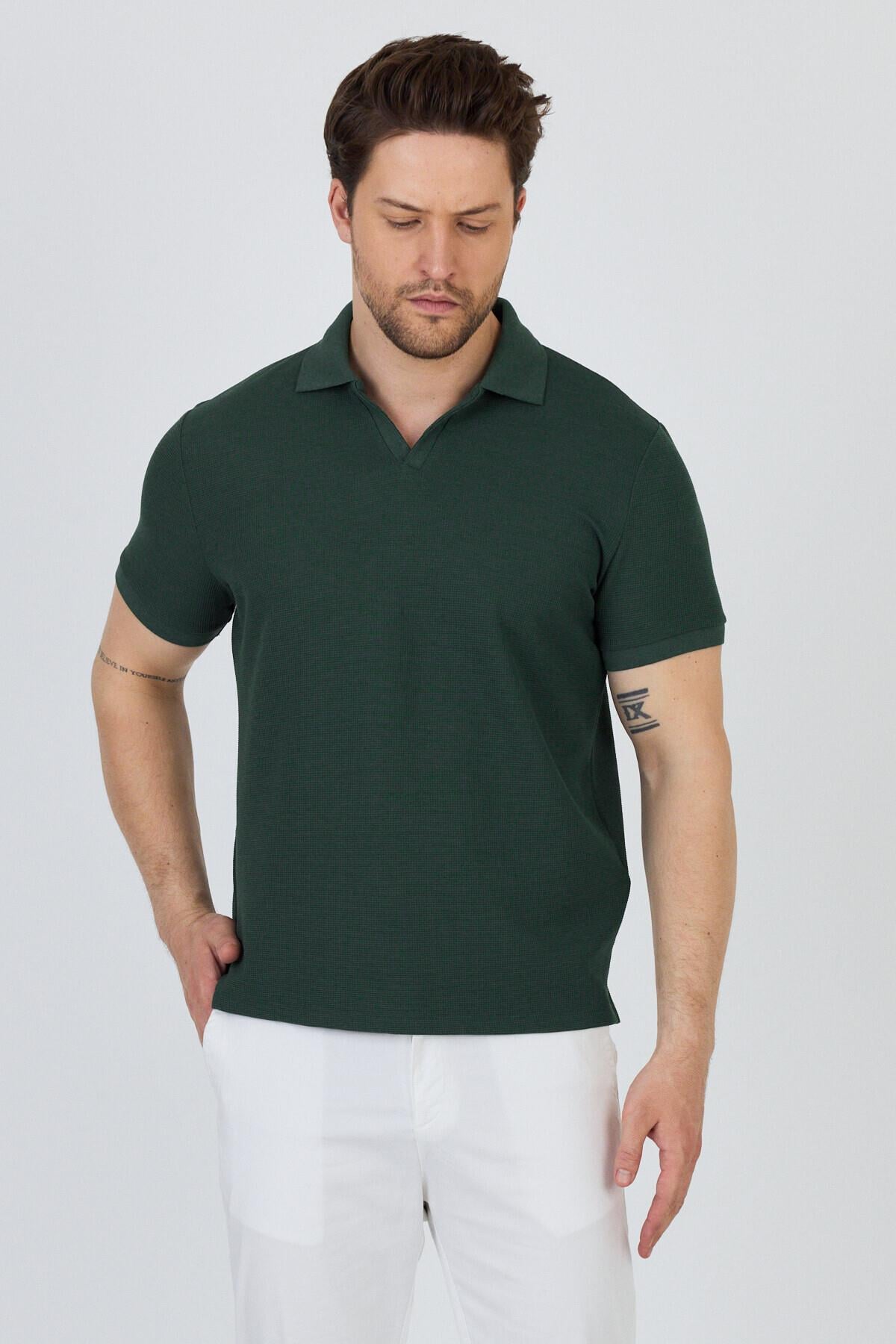 Esnek Waffle Polo Yaka Erkek Comfort Fit Polo Yaka T-Shirt 100% Pamuk