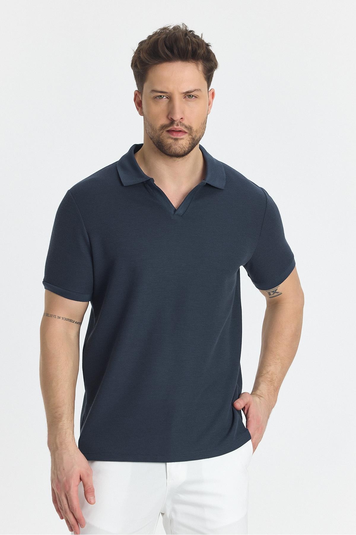 Esnek Waffle Polo Yaka Erkek Comfort Fit Polo Yaka T-Shirt 100% Pamuk