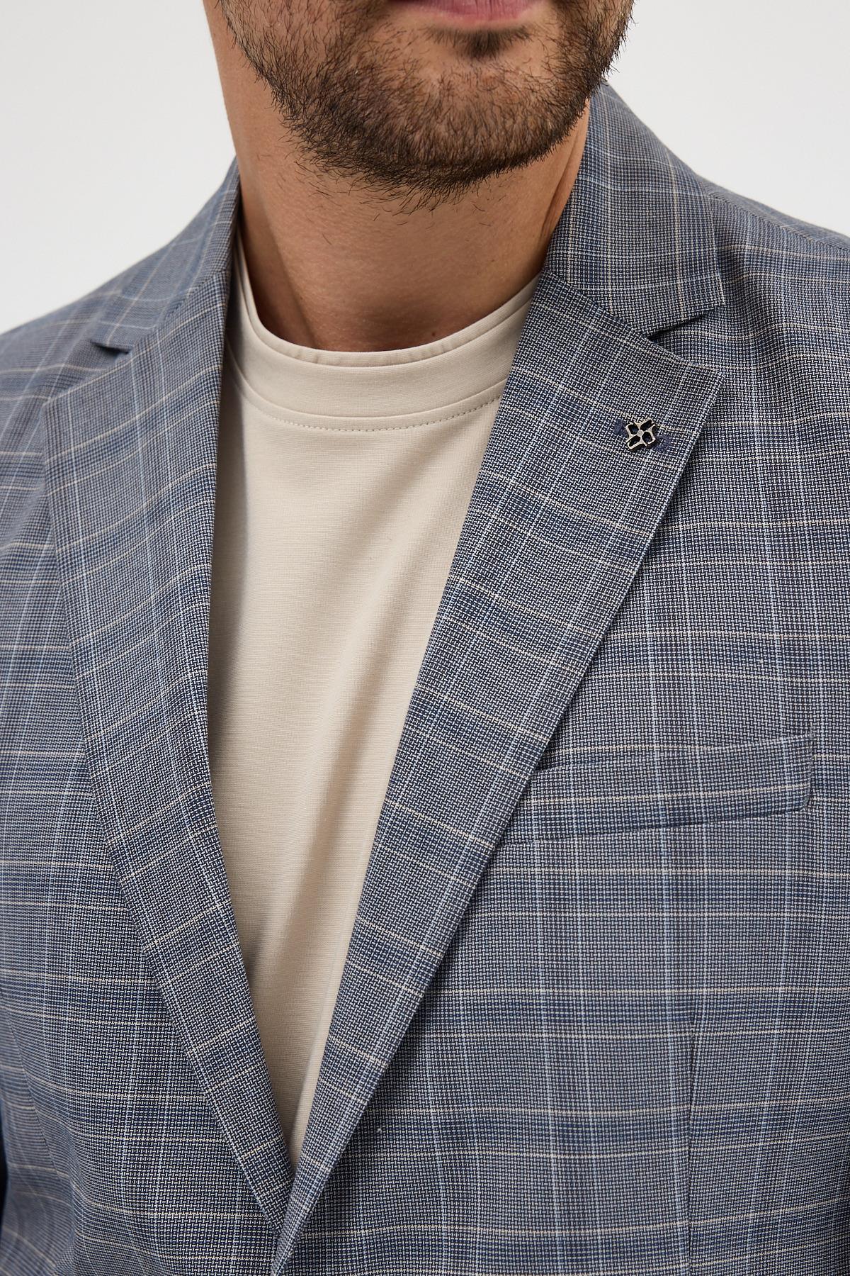 Facune Erkek Gri Ekose Kumaşlı Mono Yaka Spor Blazer Ceket