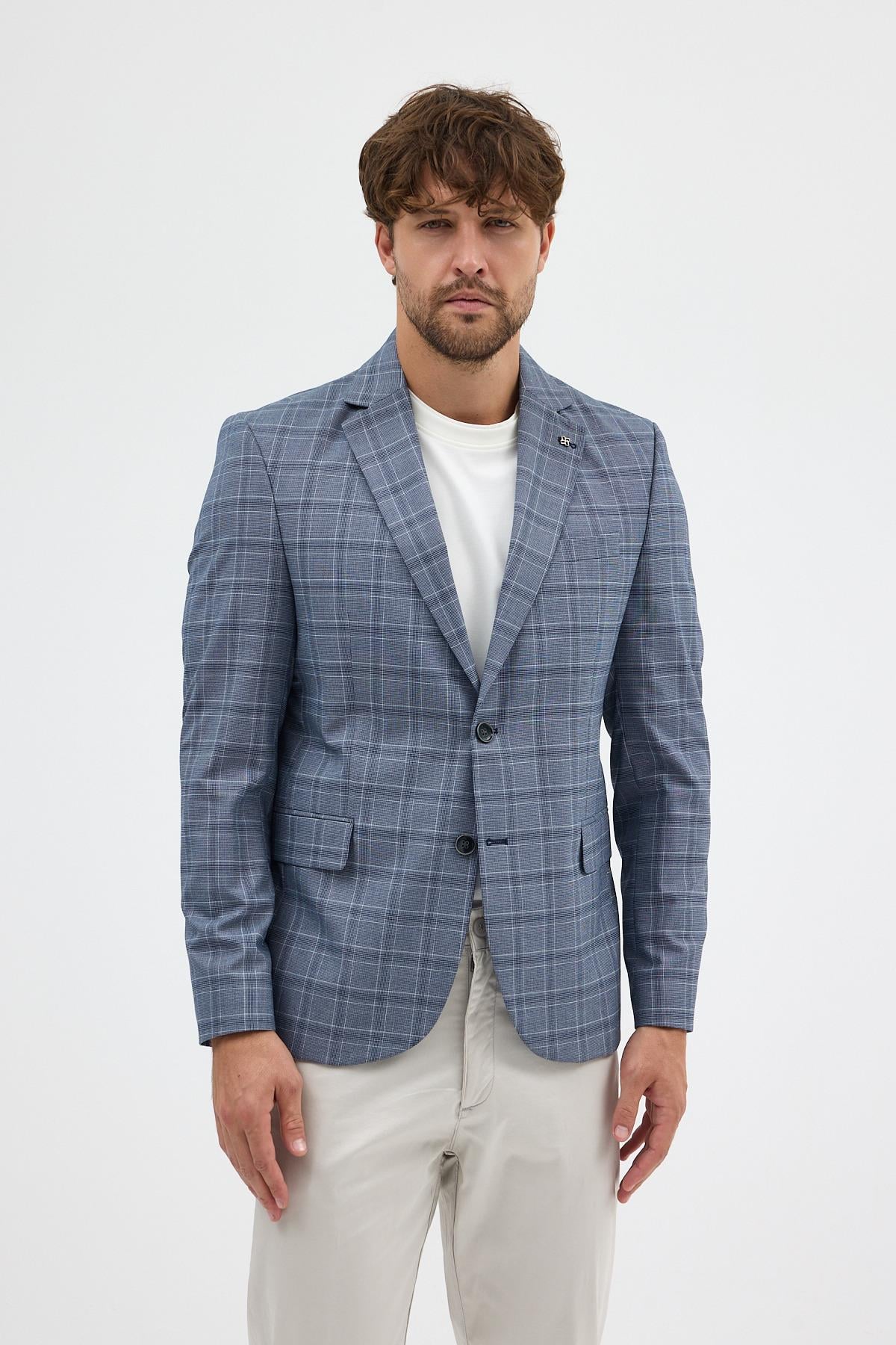 Facune Erkek Lacivert Ekose Kumaşlı Mono Yaka Spor Blazer Ceket