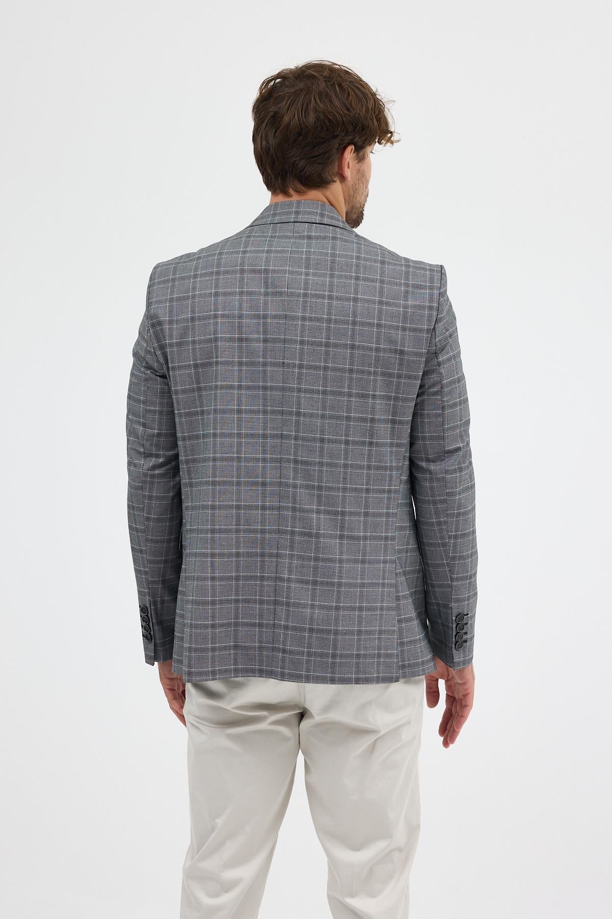 Facune Erkek Siyah-Gri Ekose Kumaşlı Mono Yaka Spor Blazer Ceket