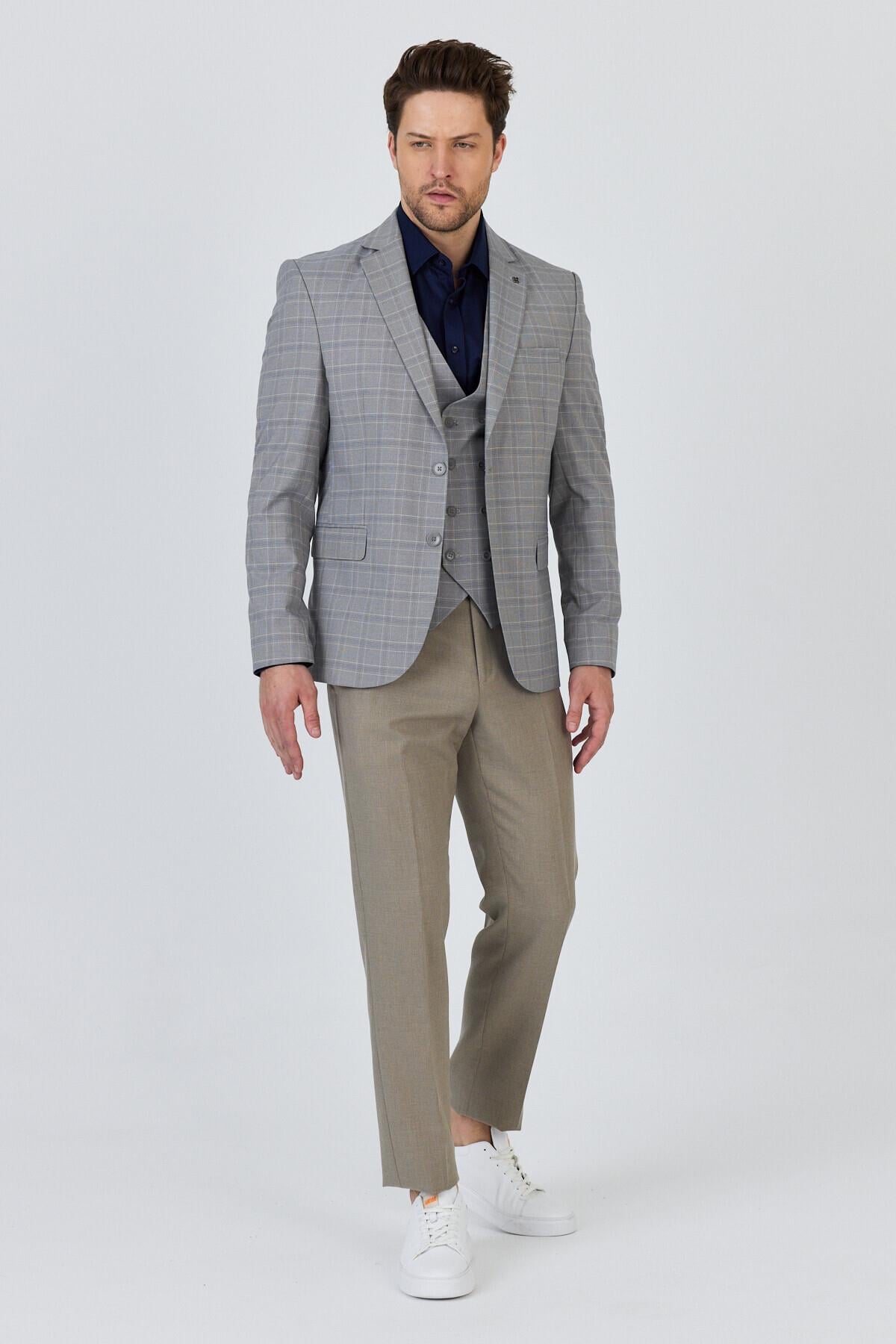 Facune Erkek Taş Ceket+Pantolon+Yelek Çift Yırtmaçlı Slim Fit Takim Elbise