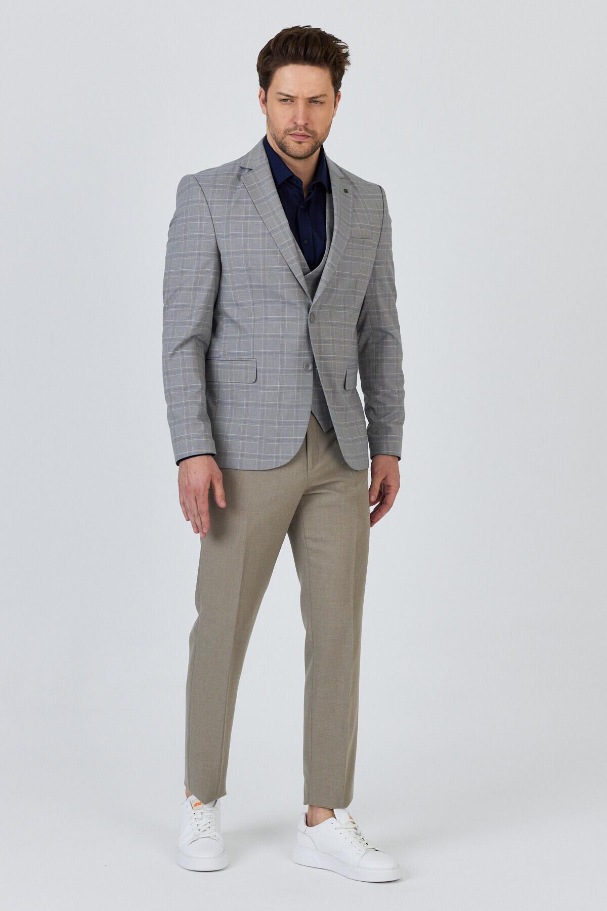 Facune Erkek Taş Ceket+Pantolon+Yelek Çift Yırtmaçlı Slim Fit Takim Elbise