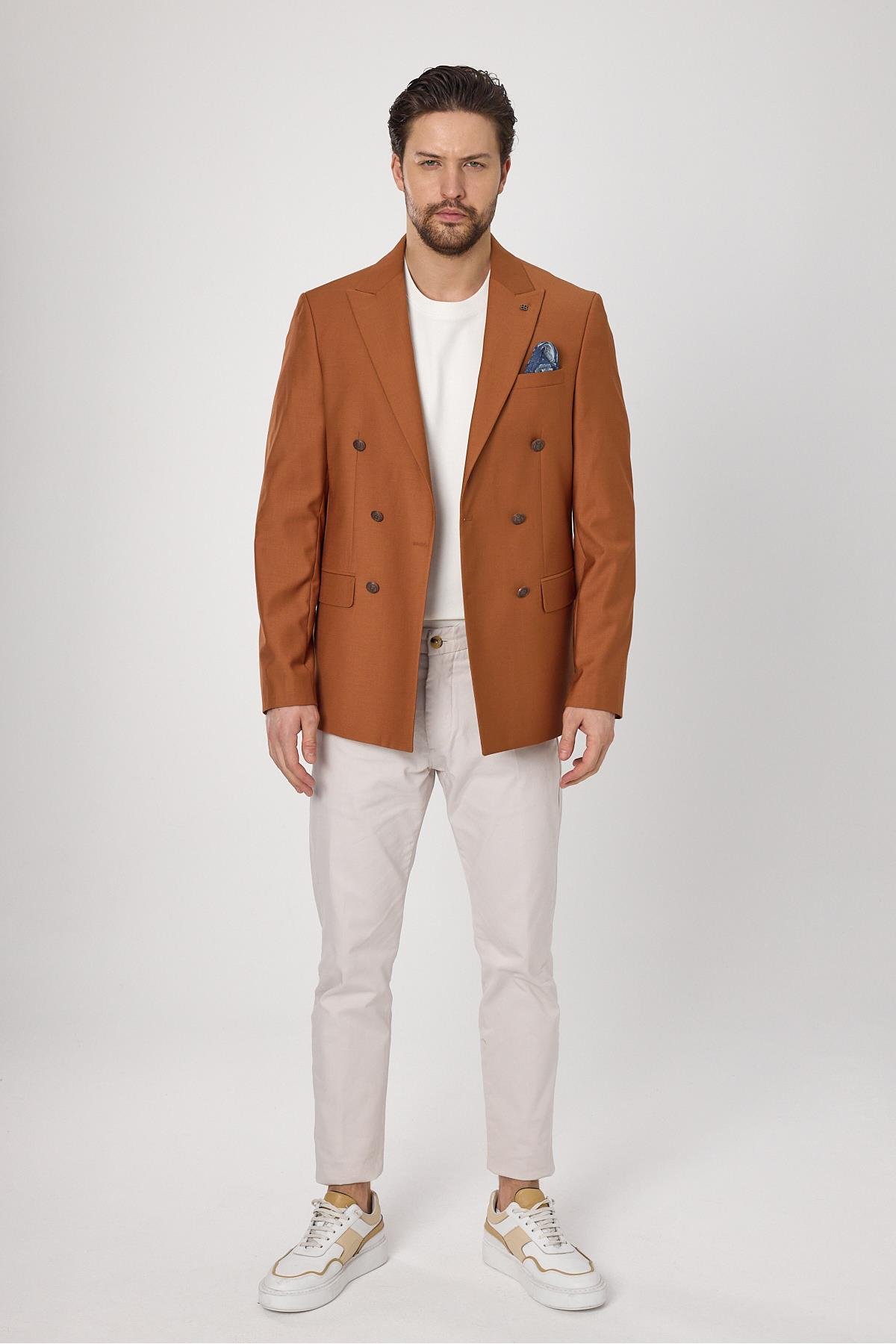 Fatuse Erkek Camel Kruvaze 6 Adet Metal Düğmeli 4 Mevsim Blazer Ceket