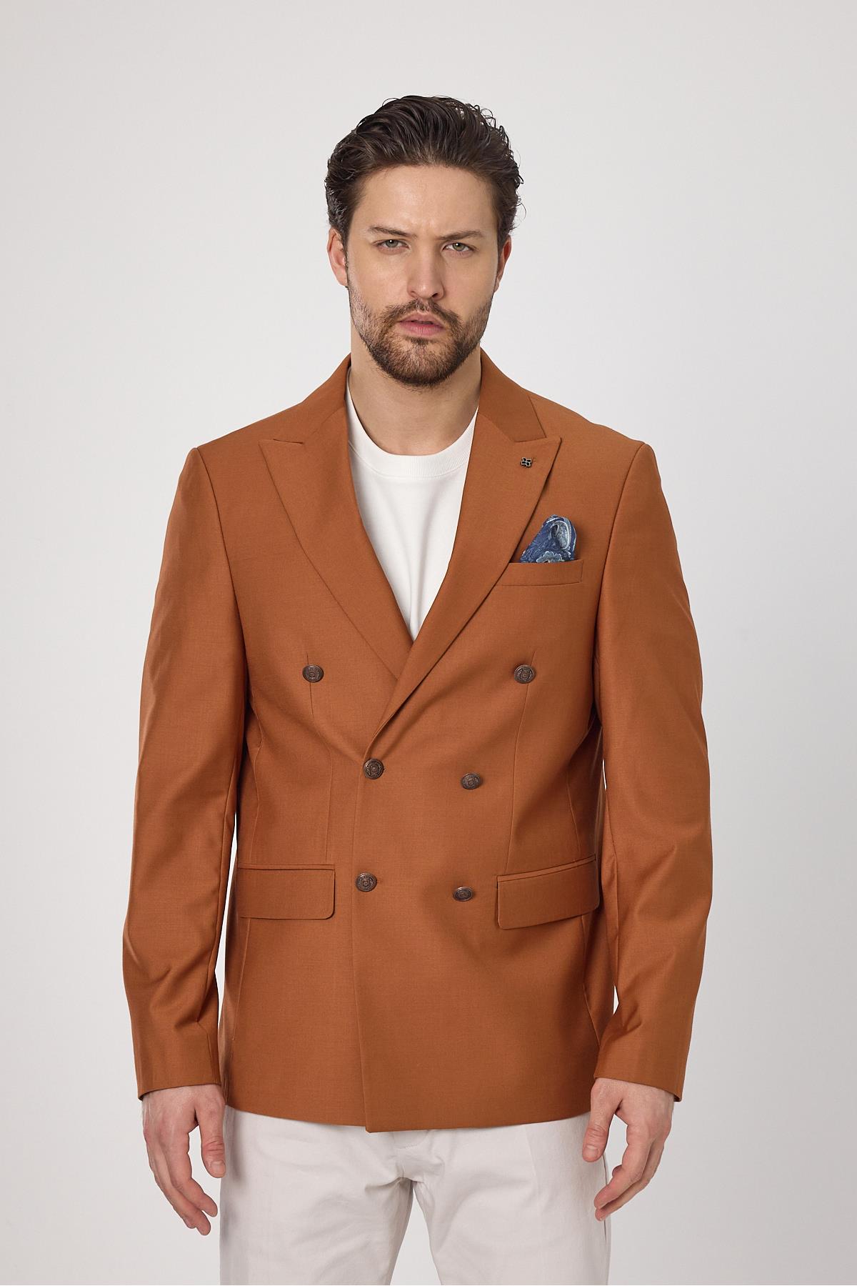 Fatuse Erkek Camel Kruvaze 6 Adet Metal Düğmeli 4 Mevsim Blazer Ceket