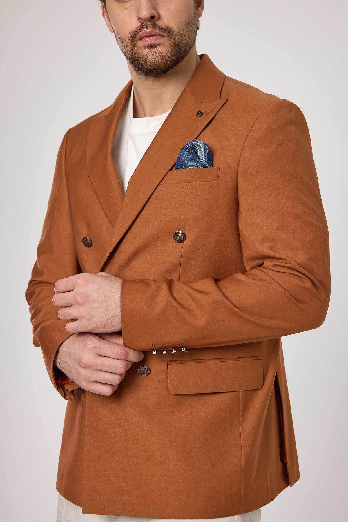 Fatuse Erkek Camel Kruvaze 6 Adet Metal Düğmeli 4 Mevsim Blazer Ceket