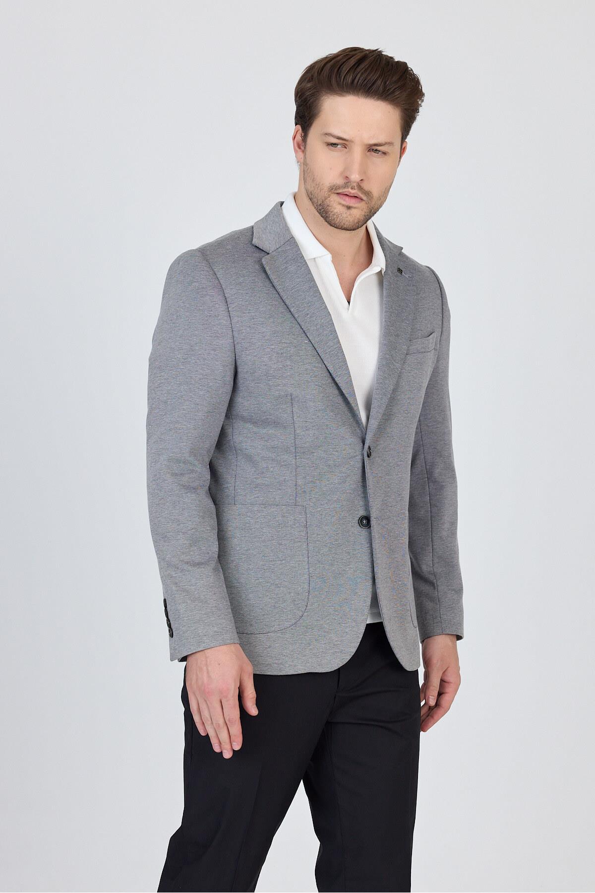 Feniks Erkek Siyah-Gri Yarım Astar Torba Cepli Pamuk Karışımlı Likralı SlimFit Spor Blazer Ceket