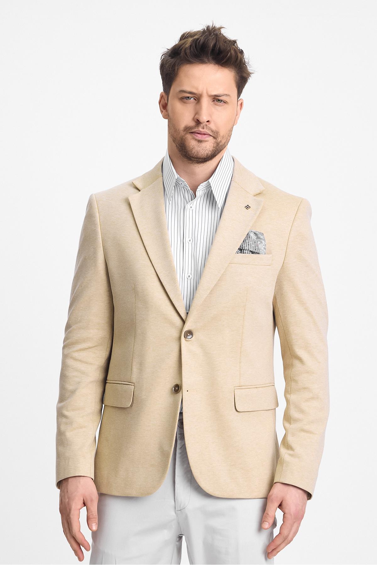 Fenix Erkek Battal Büyük Beden Camel Regular Fit Pamuk Karışımlı Likralı Blazer Ceket
