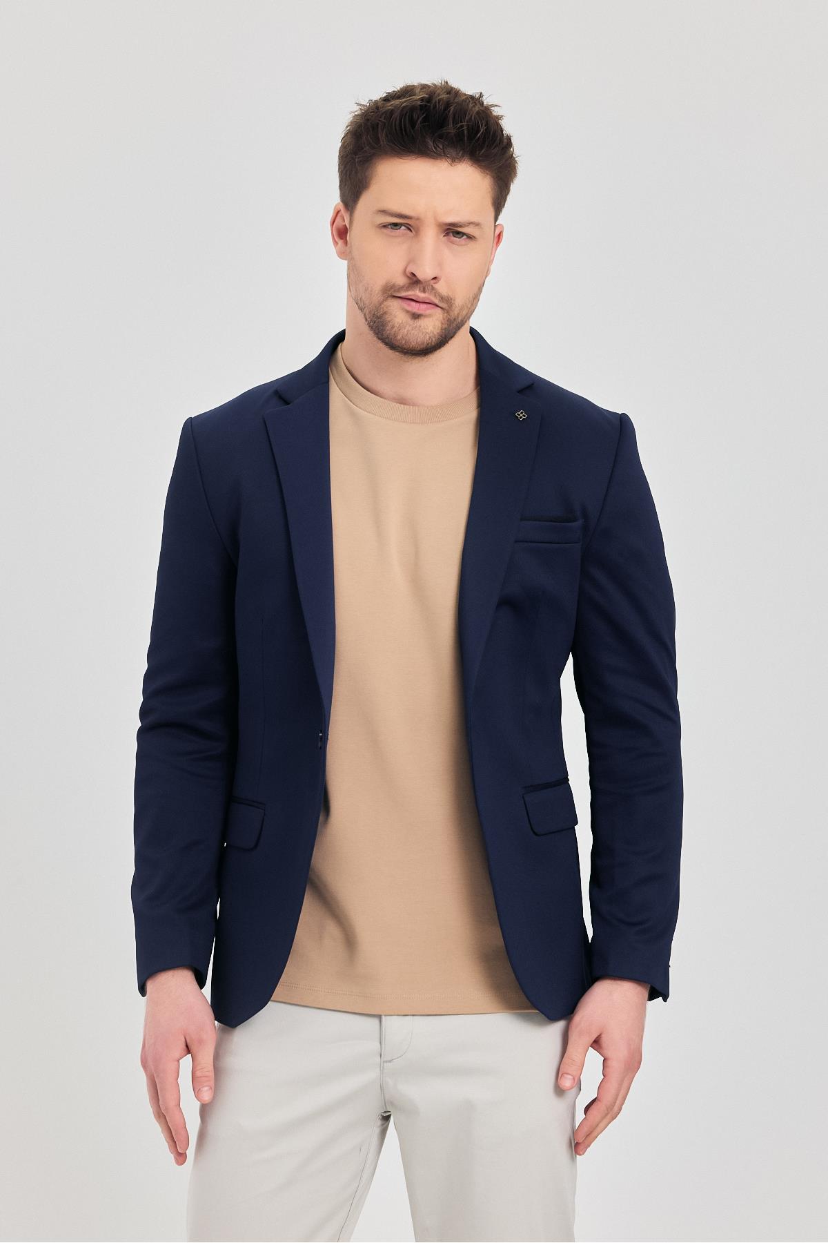 Ferico Erkek Koyu Lacivert Poliviskon Kumaş Slim Fit Blazer Ceket