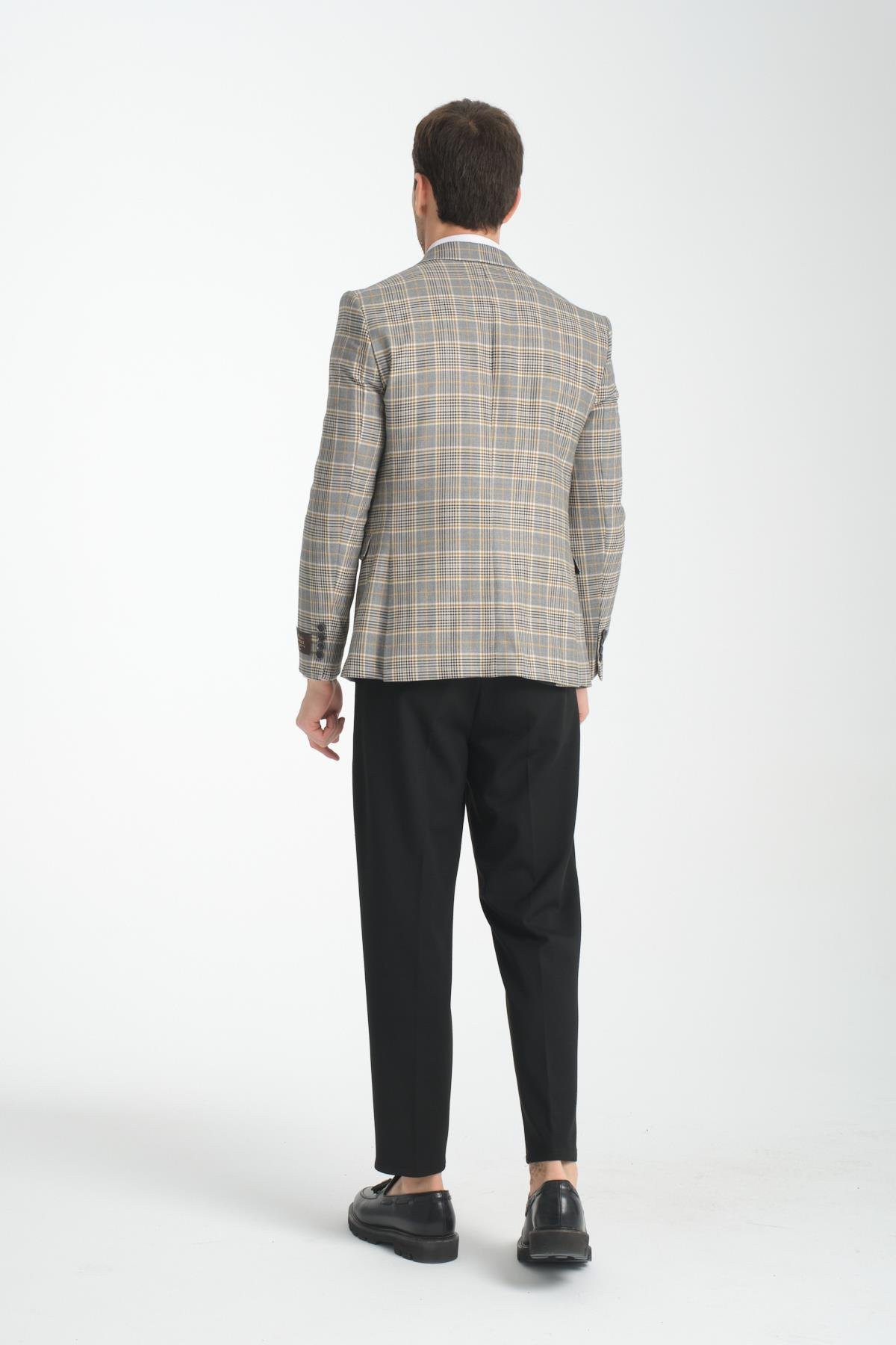 Ferruci Erkek Gri Ekose Slim Fit Dar Kesim Mono Yaka Blazer Ceket