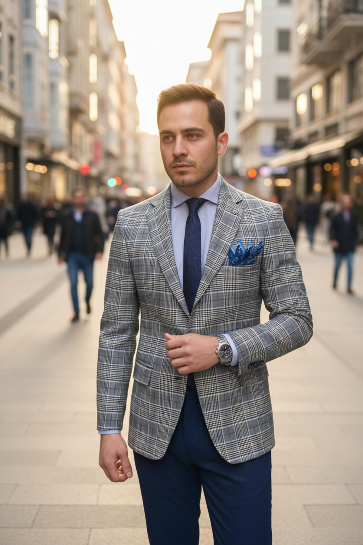 Ferruci Erkek Siyah - Mavi Ekose Slim Fit Dar Kesim Mono Yaka Spor Blazer Ceket