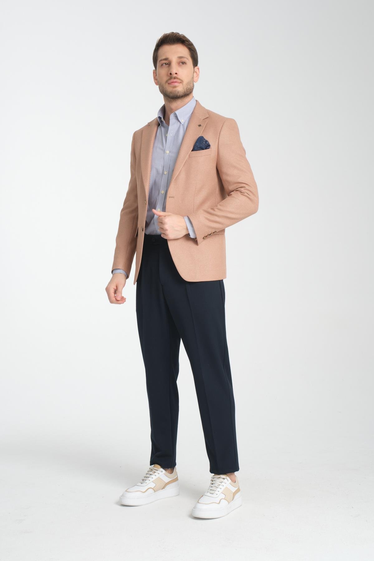 Fevual Erkek Bej Mono Yaka Diagonal Desenli Slim Fit Spor Blazer Ceket